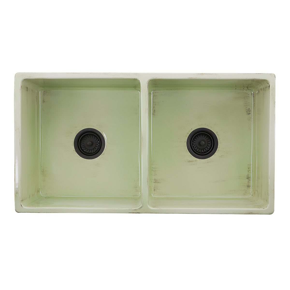 Nantucket Sinks Vineyard Collection 33" Rectangle Undermount Porcelain Enamel Glaze Light Green Fireclay Double Bowl Farmhouse Apron Kitchen Sink With Shabby Green Finish