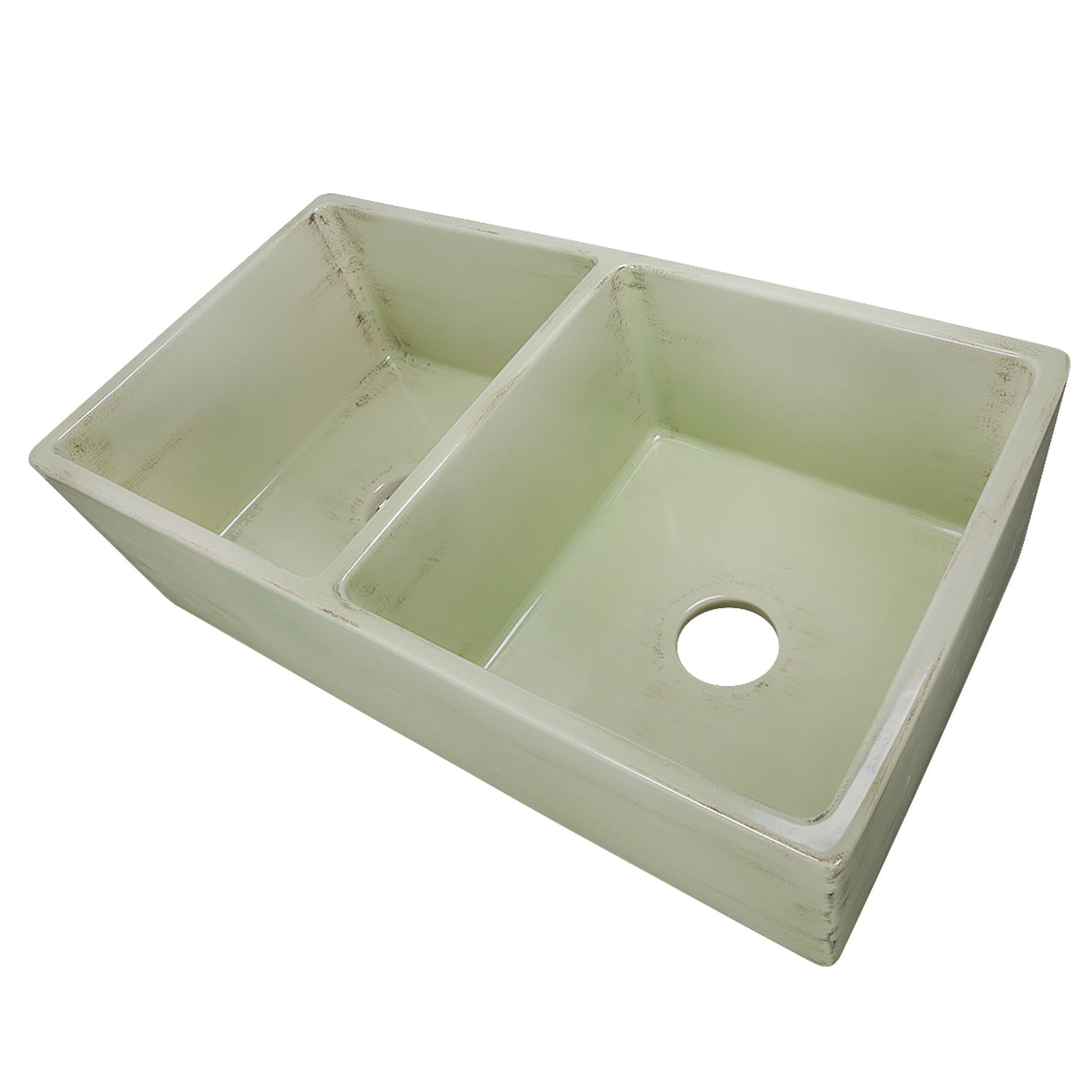 Nantucket Sinks Vineyard Collection 33" Rectangle Undermount Porcelain Enamel Glaze Light Green Fireclay Double Bowl Farmhouse Apron Kitchen Sink With Shabby Green Finish