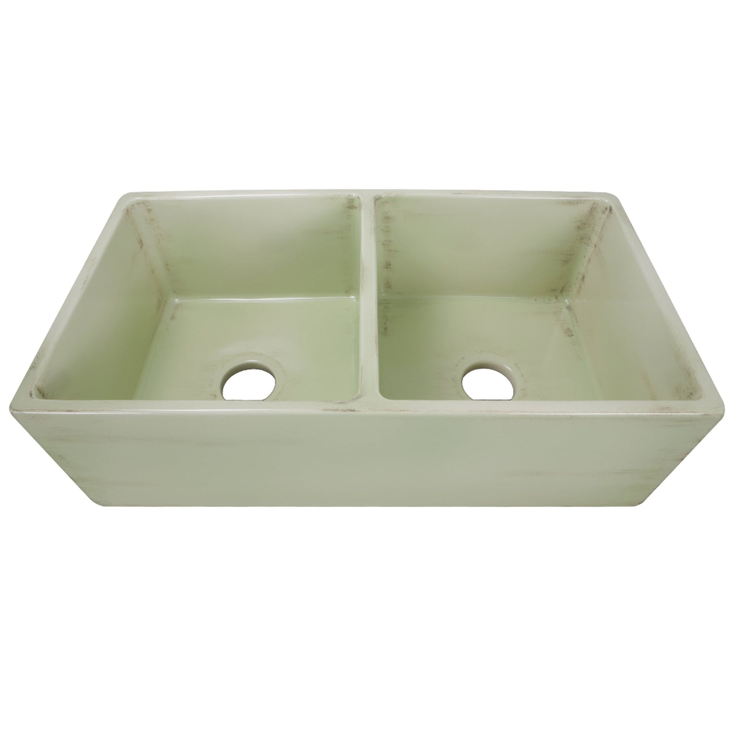 Nantucket Sinks Vineyard Collection 33" Rectangle Undermount Porcelain Enamel Glaze Light Green Fireclay Double Bowl Farmhouse Apron Kitchen Sink With Shabby Green Finish