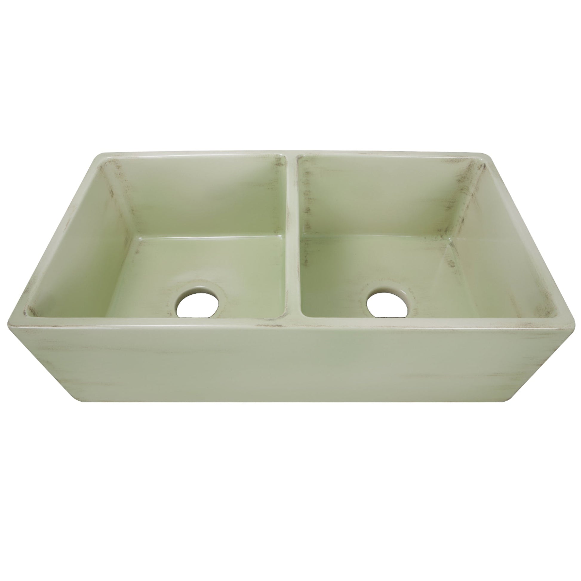 Nantucket Sinks Vineyard Collection 33" Rectangle Undermount Porcelain Enamel Glaze Light Green Fireclay Double Bowl Farmhouse Apron Kitchen Sink With Shabby Green Finish
