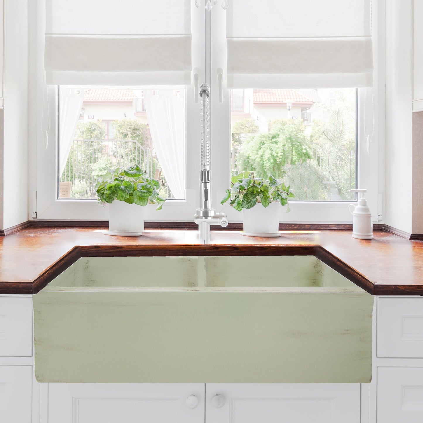 Nantucket Sinks Vineyard Collection 33" Rectangle Undermount Porcelain Enamel Glaze Light Green Fireclay Double Bowl Farmhouse Apron Kitchen Sink With Shabby Green Finish