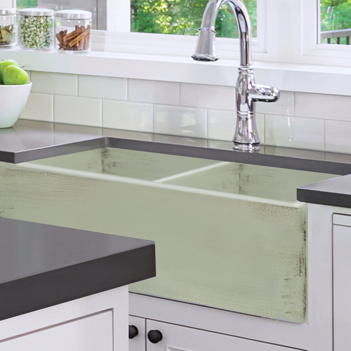 Nantucket Sinks Vineyard Collection 33" Rectangle Undermount Porcelain Enamel Glaze Light Green Fireclay Double Bowl Farmhouse Apron Kitchen Sink With Shabby Green Finish