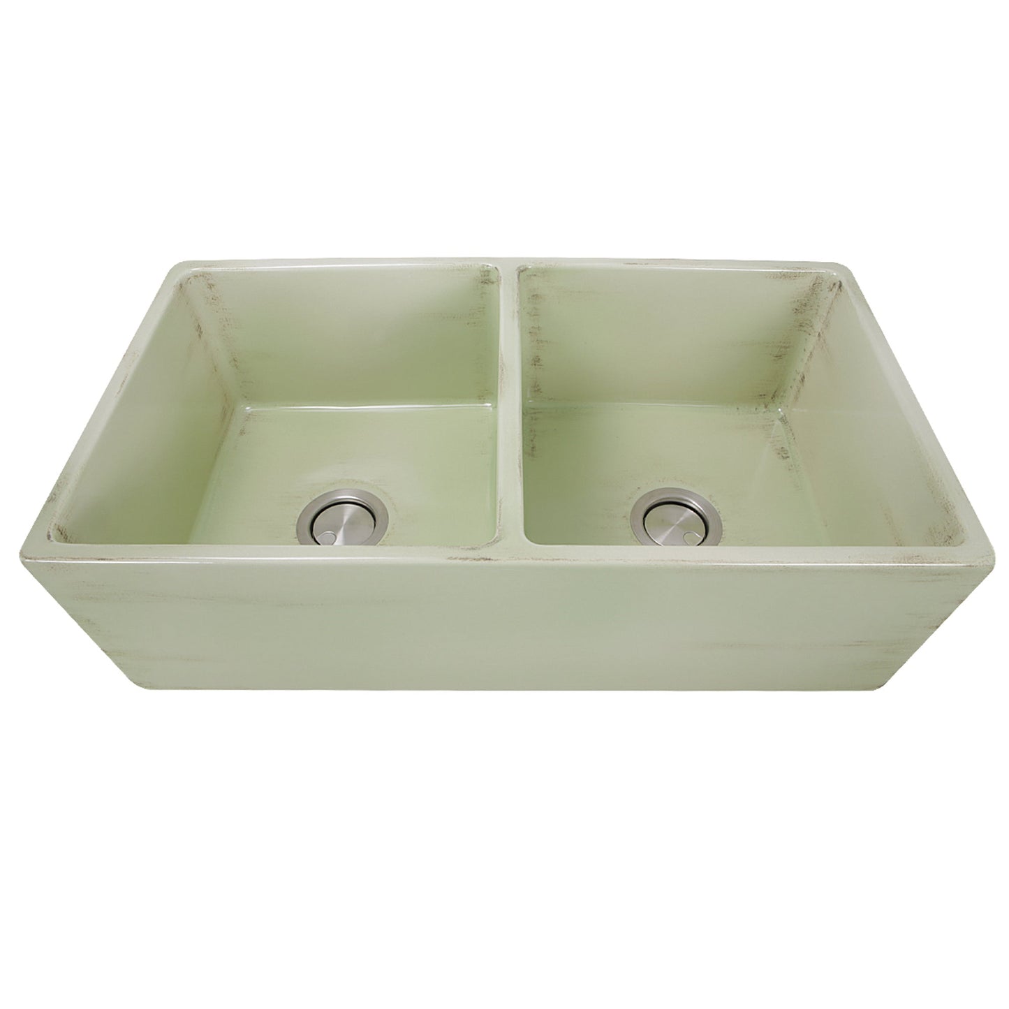 Nantucket Sinks Vineyard Collection 33" Rectangle Undermount Porcelain Enamel Glaze Light Green Fireclay Double Bowl Farmhouse Apron Kitchen Sink With Shabby Green Finish