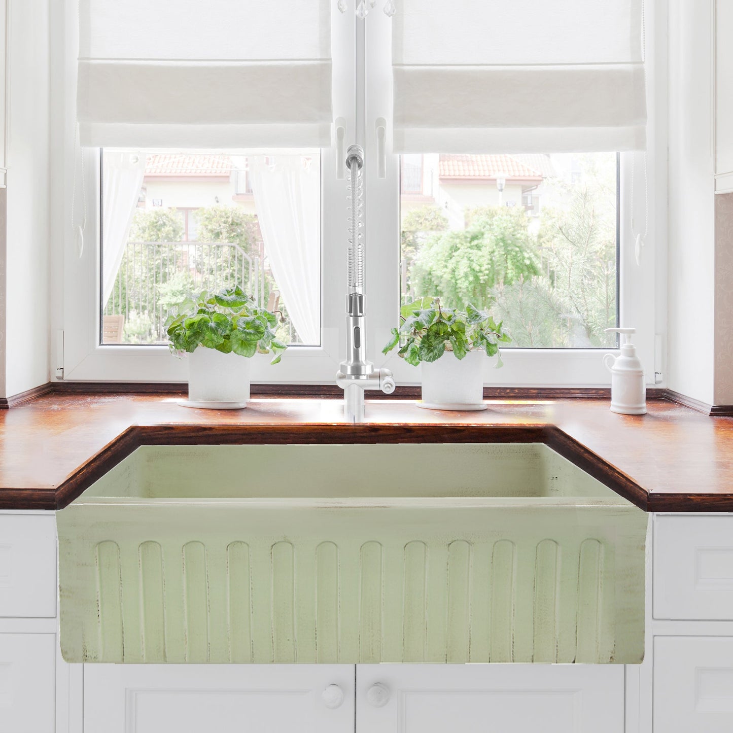 Nantucket Sinks Vineyard Collection 33" Rectangle Undermount Porcelain Enamel Glaze Light Green Fireclay Single Bowl Farmhouse Apron Kitchen Sink With Shabby Green Finish
