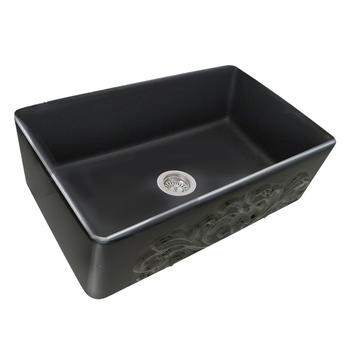 Nantucket Sinks Vineyard Collection 33" Rectangle Undermount Porcelain Enamel Glaze Matte Black Fireclay Single Bowl Farmhouse Apron Kitchen Sink With Filigree Apron
