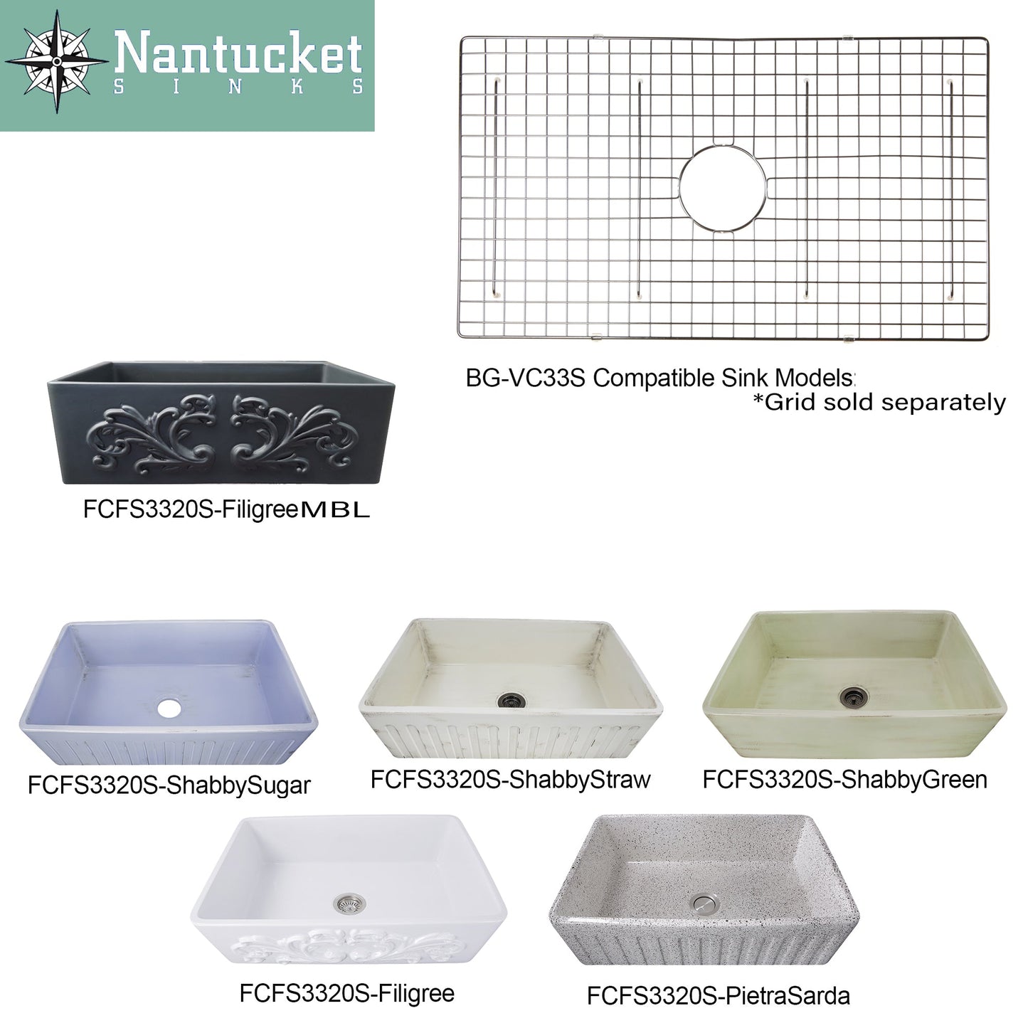 Nantucket Sinks Vineyard Collection 33" Rectangle Undermount Porcelain Enamel Glaze Matte Black Fireclay Single Bowl Farmhouse Apron Kitchen Sink With Filigree Apron