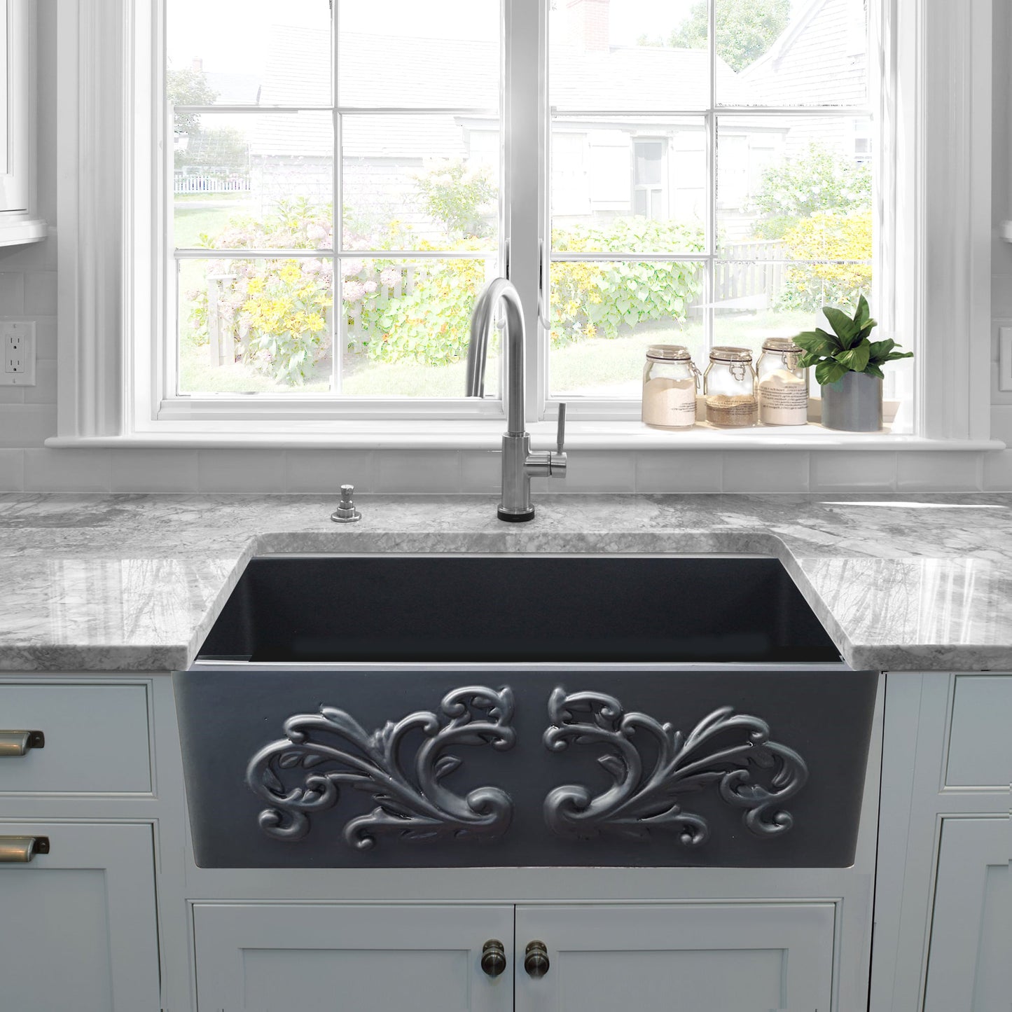 Nantucket Sinks Vineyard Collection 33" Rectangle Undermount Porcelain Enamel Glaze Matte Black Fireclay Single Bowl Farmhouse Apron Kitchen Sink With Filigree Apron