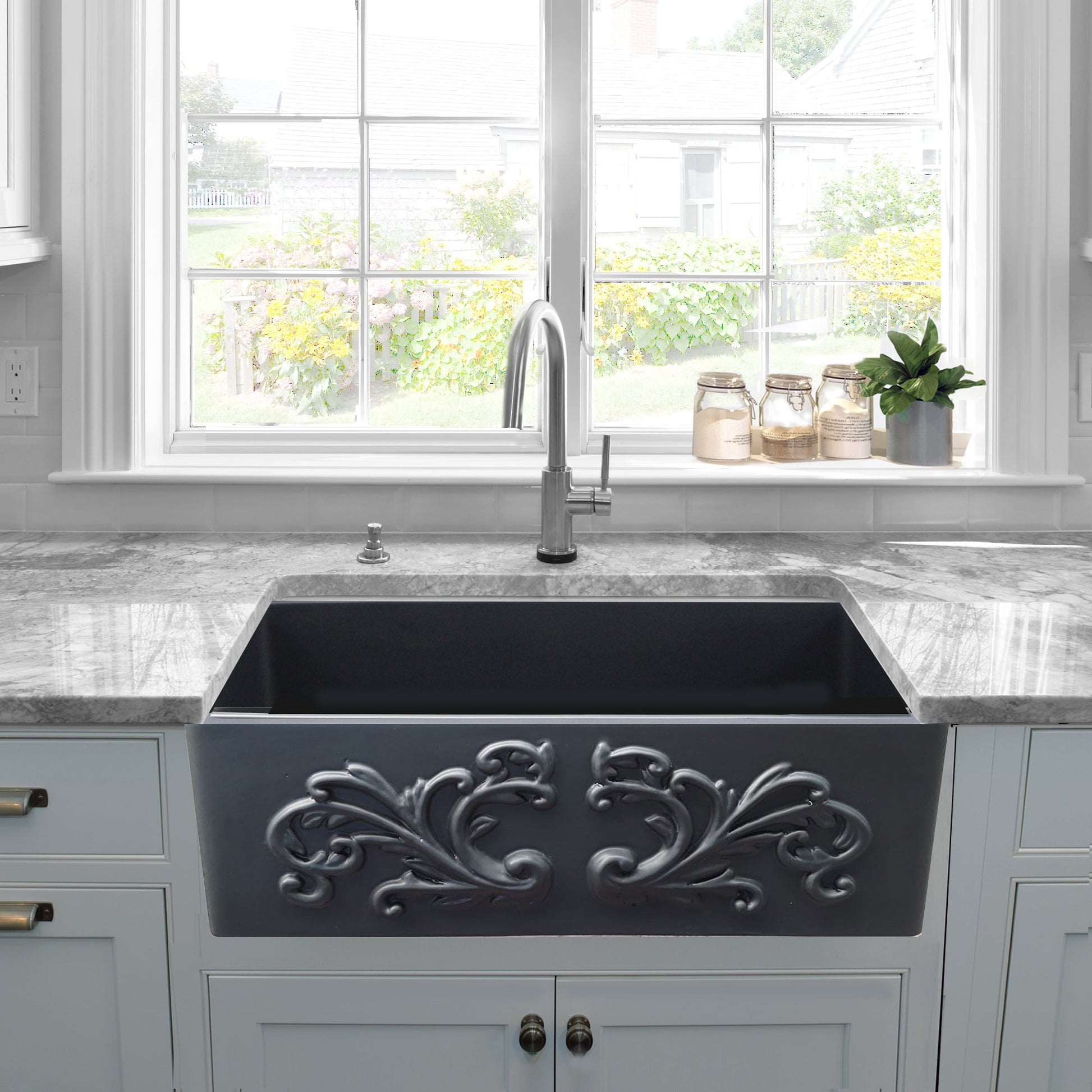 Nantucket Sinks Vineyard Collection 33" Rectangle Undermount Porcelain Enamel Glaze Matte Black Fireclay Single Bowl Farmhouse Apron Kitchen Sink With Filigree Apron