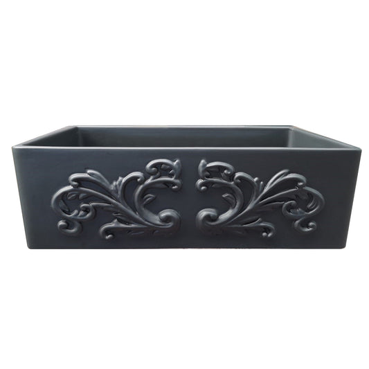 Nantucket Sinks Vineyard Collection 33" Rectangle Undermount Porcelain Enamel Glaze Matte Black Fireclay Single Bowl Farmhouse Apron Kitchen Sink With Filigree Apron