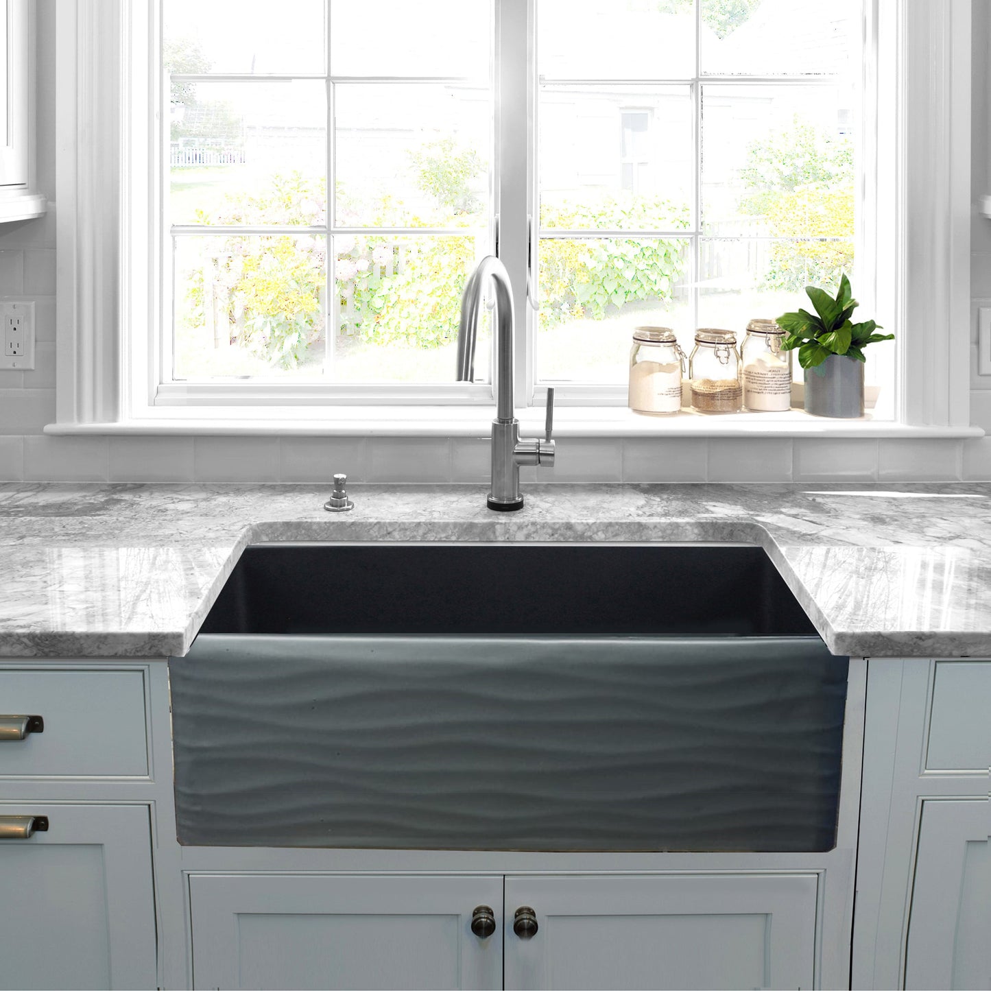 Nantucket Sinks Vineyard Collection 33" Rectangle Undermount Porcelain Enamel Glaze Matte Black Fireclay Single Bowl Farmhouse Apron Kitchen Sink With Waves Apron