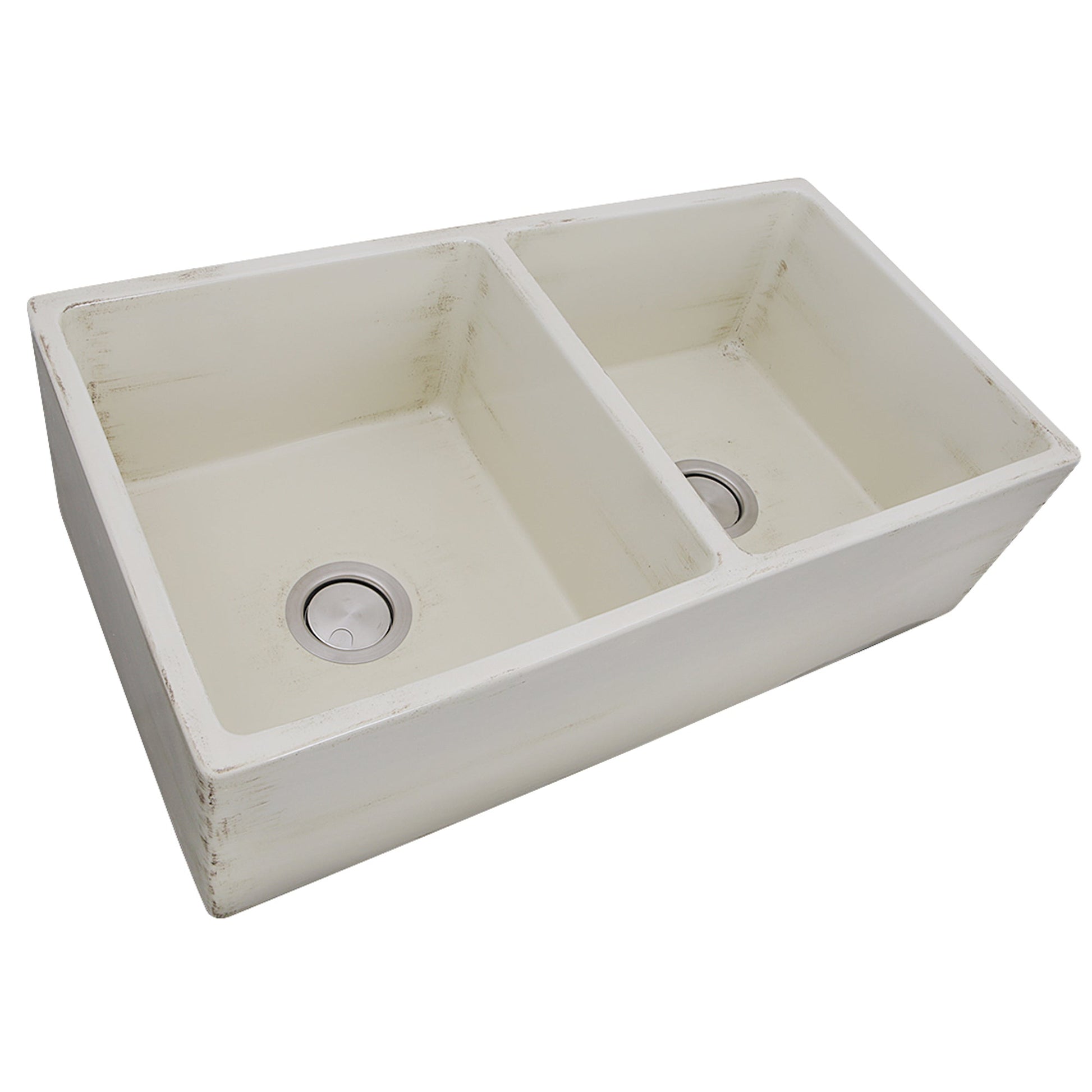 Nantucket Sinks Vineyard Collection 33" Rectangle Undermount Porcelain Enamel Glaze Pale Yellow Fireclay Double Bowl Farmhouse Apron Kitchen Sink With Shabby Straw Finish