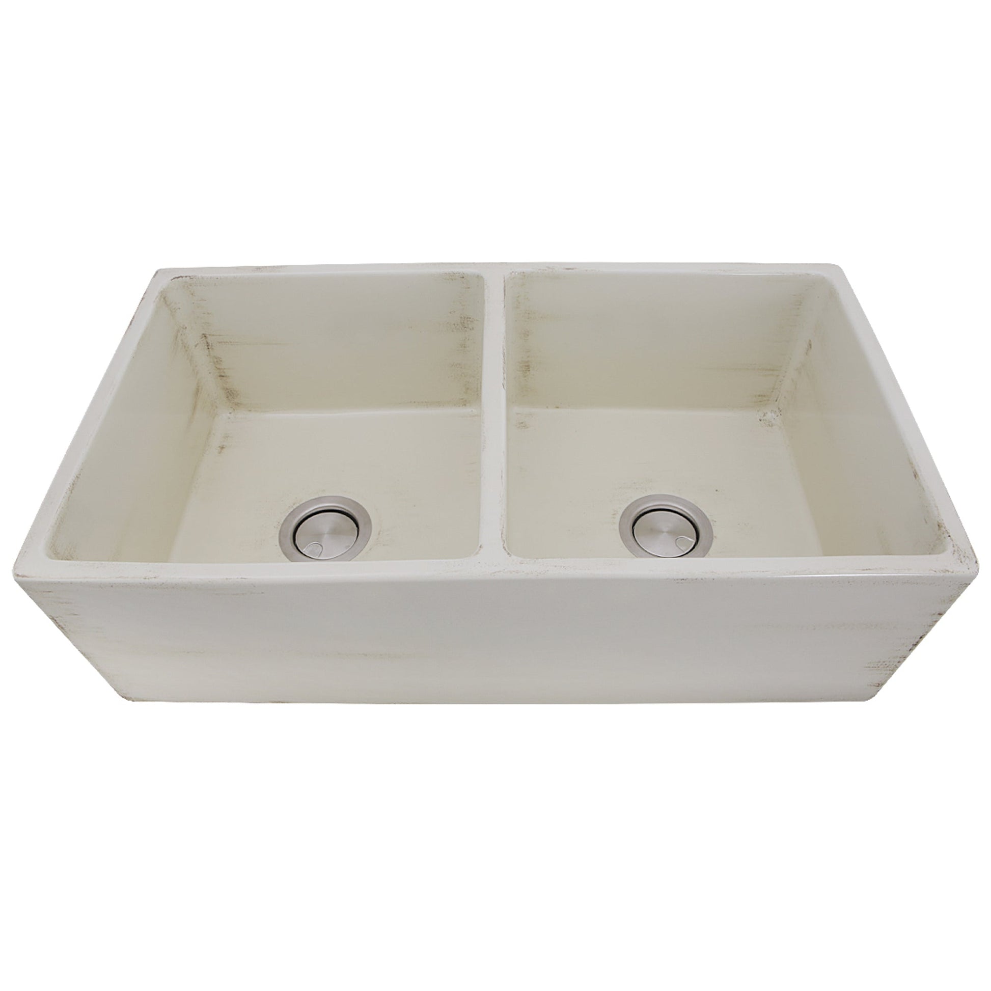 Nantucket Sinks Vineyard Collection 33" Rectangle Undermount Porcelain Enamel Glaze Pale Yellow Fireclay Double Bowl Farmhouse Apron Kitchen Sink With Shabby Straw Finish