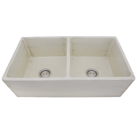 Nantucket Sinks Vineyard Collection 33" Rectangle Undermount Porcelain Enamel Glaze Pale Yellow Fireclay Double Bowl Farmhouse Apron Kitchen Sink With Shabby Straw Finish