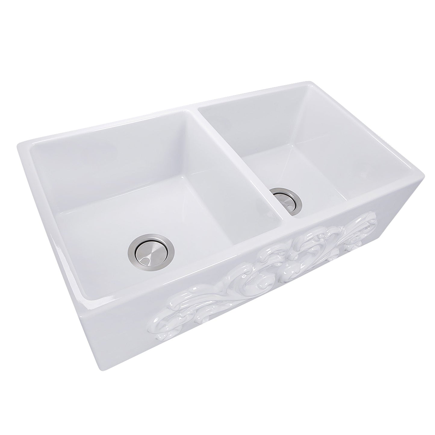 Nantucket Sinks Vineyard Collection 33" Rectangle Undermount Porcelain Enamel Glaze White Fireclay Double Bowl Farmhouse Apron Kitchen Sink With Filigree Apron