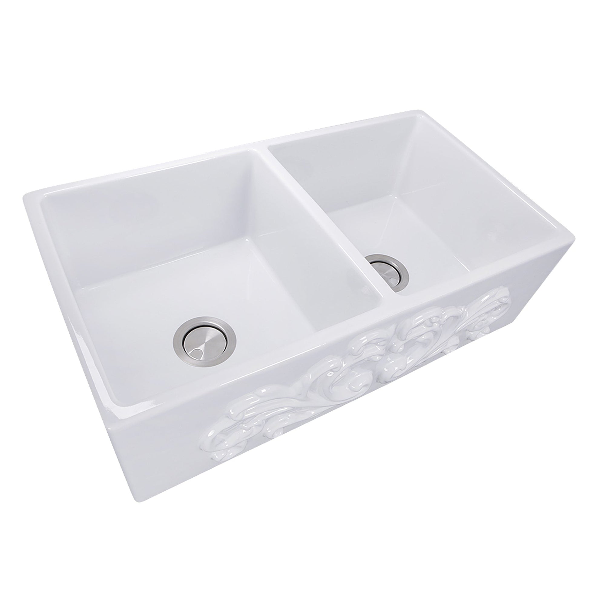 Nantucket Sinks Vineyard Collection 33" Rectangle Undermount Porcelain Enamel Glaze White Fireclay Double Bowl Farmhouse Apron Kitchen Sink With Filigree Apron