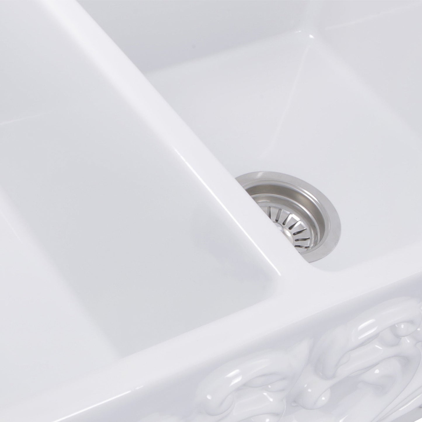 Nantucket Sinks Vineyard Collection 33" Rectangle Undermount Porcelain Enamel Glaze White Fireclay Double Bowl Farmhouse Apron Kitchen Sink With Filigree Apron