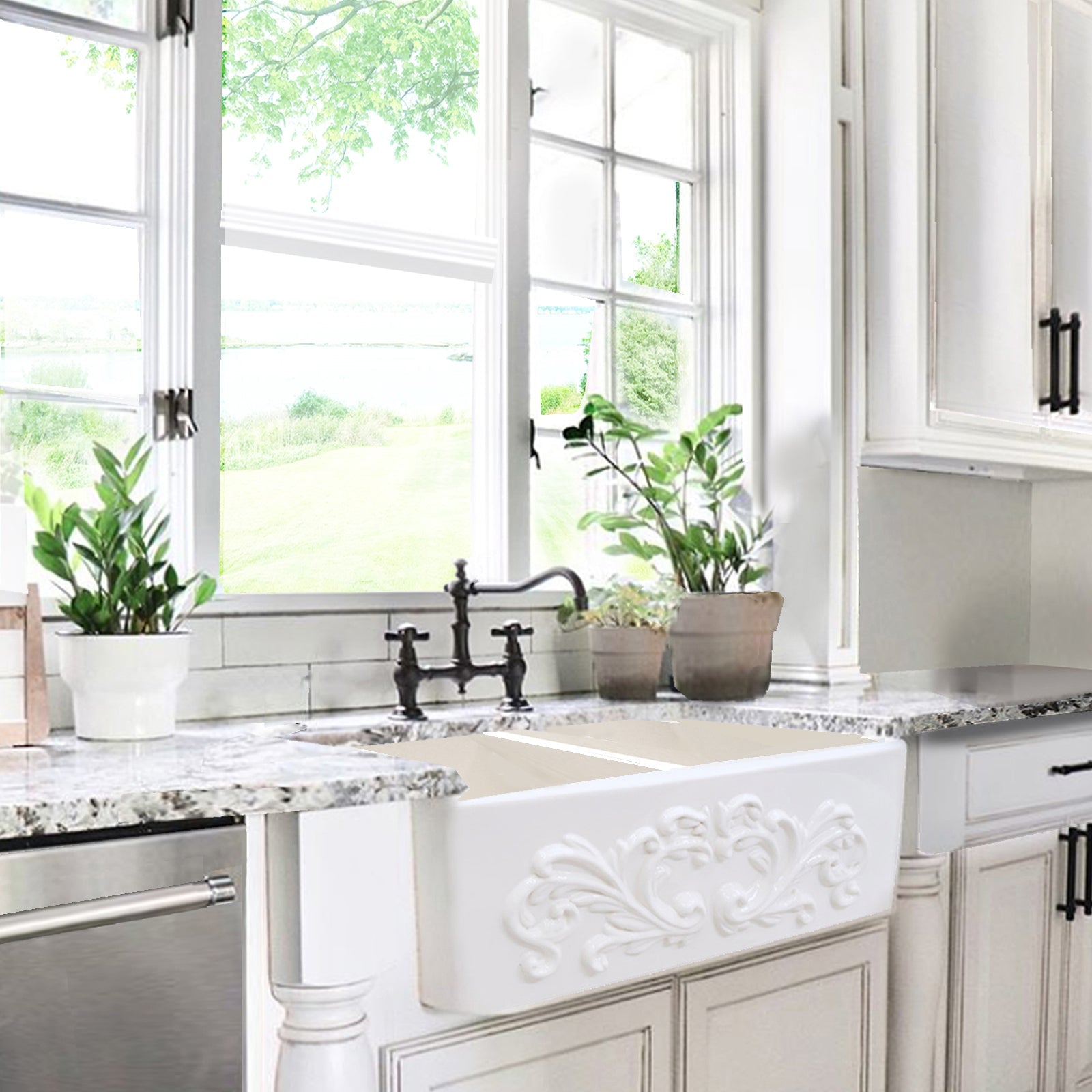 Nantucket Sinks Vineyard Collection 33" Rectangle Undermount Porcelain Enamel Glaze White Fireclay Double Bowl Farmhouse Apron Kitchen Sink With Filigree Apron