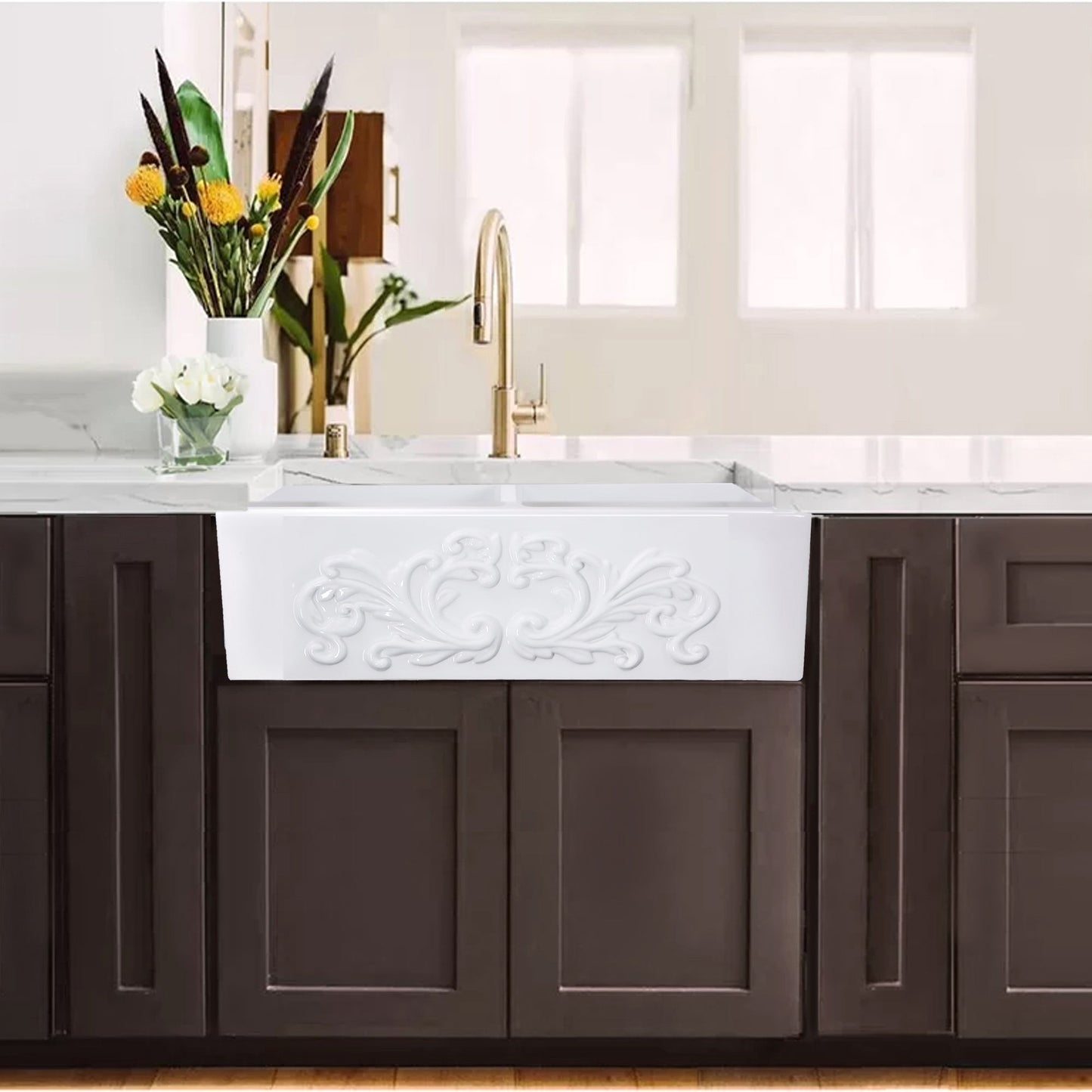Nantucket Sinks Vineyard Collection 33" Rectangle Undermount Porcelain Enamel Glaze White Fireclay Double Bowl Farmhouse Apron Kitchen Sink With Filigree Apron