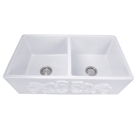 Nantucket Sinks Vineyard Collection 33" Rectangle Undermount Porcelain Enamel Glaze White Fireclay Double Bowl Farmhouse Apron Kitchen Sink With Filigree Apron
