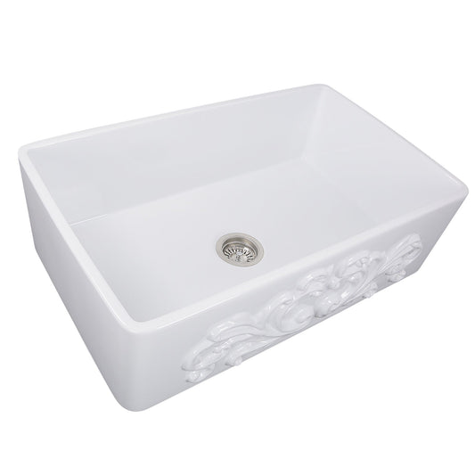 Nantucket Sinks Vineyard Collection 33" Rectangle Undermount Porcelain Enamel Glaze White Fireclay Single Bowl Farmhouse Apron Kitchen Sink With Filigree Apron