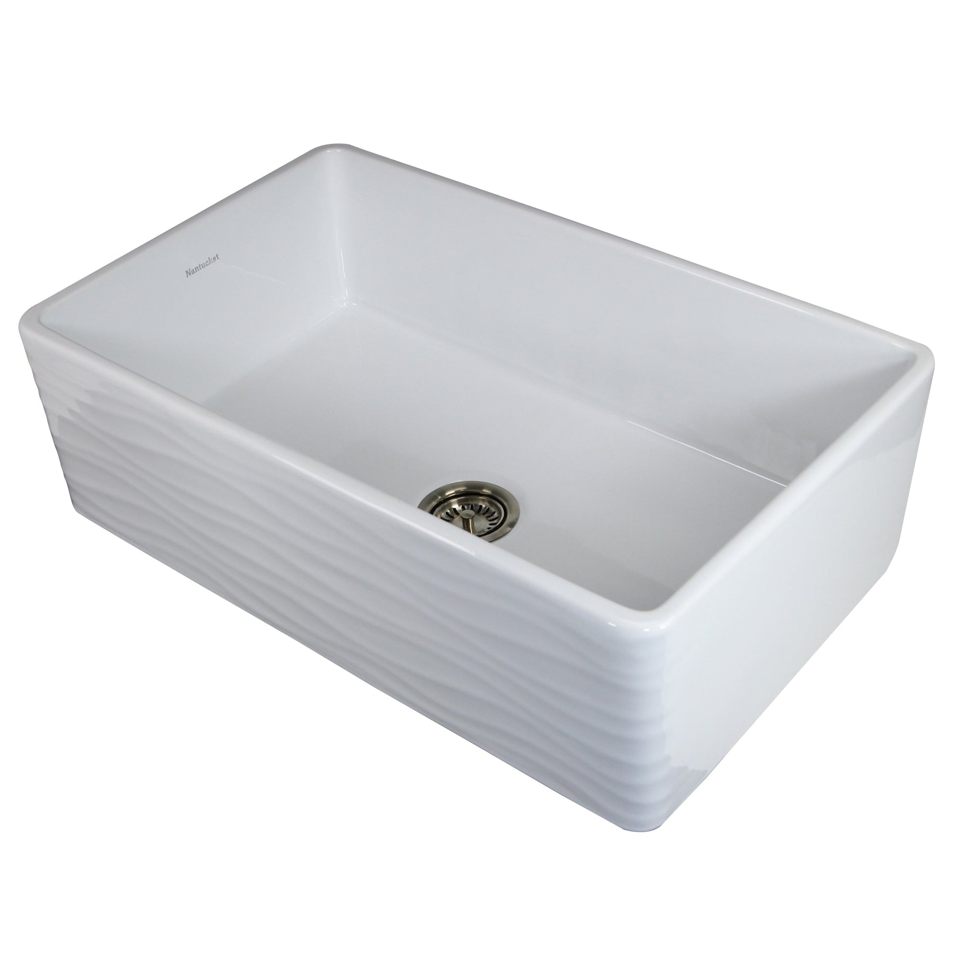 Nantucket Sinks Vineyard Collection 33" Rectangle Undermount Porcelain Enamel Glaze White Fireclay Single Bowl Farmhouse Kitchen Sink With Waves Apron