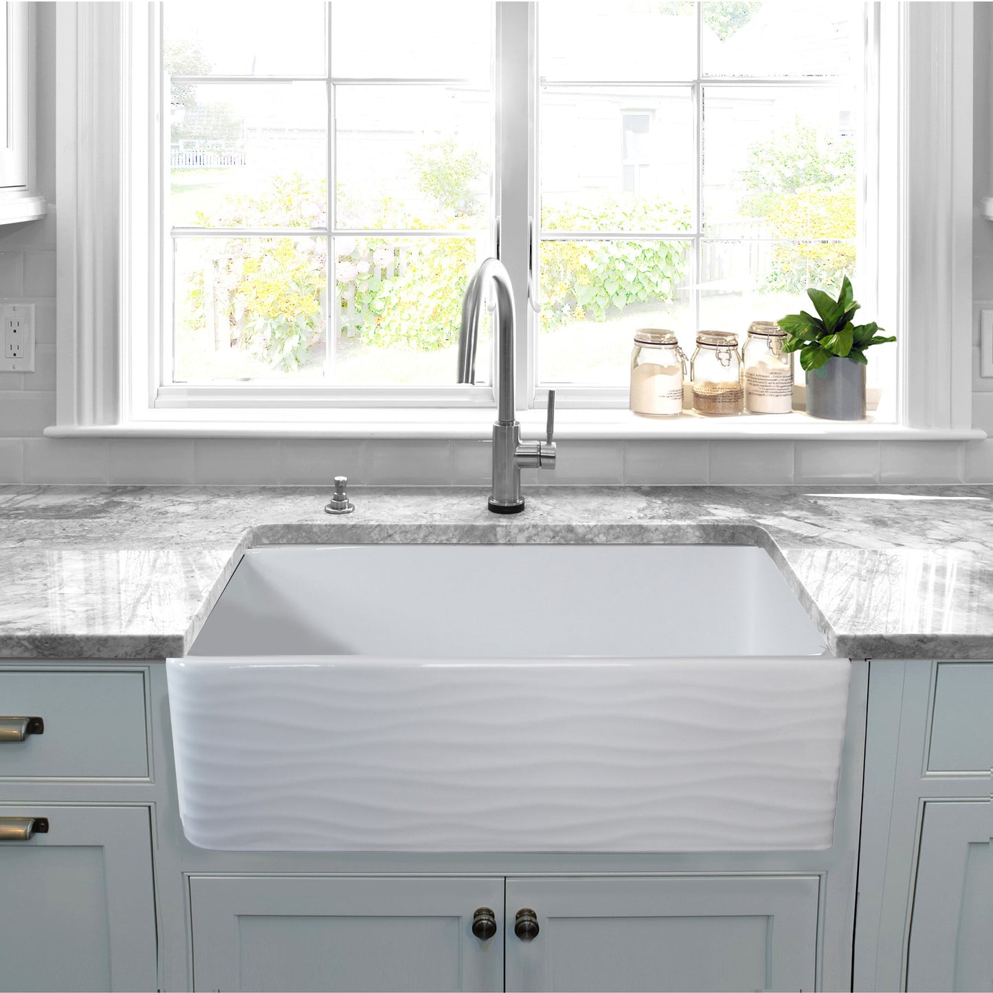 Nantucket Sinks Vineyard Collection 33" Rectangle Undermount Porcelain Enamel Glaze White Fireclay Single Bowl Farmhouse Kitchen Sink With Waves Apron