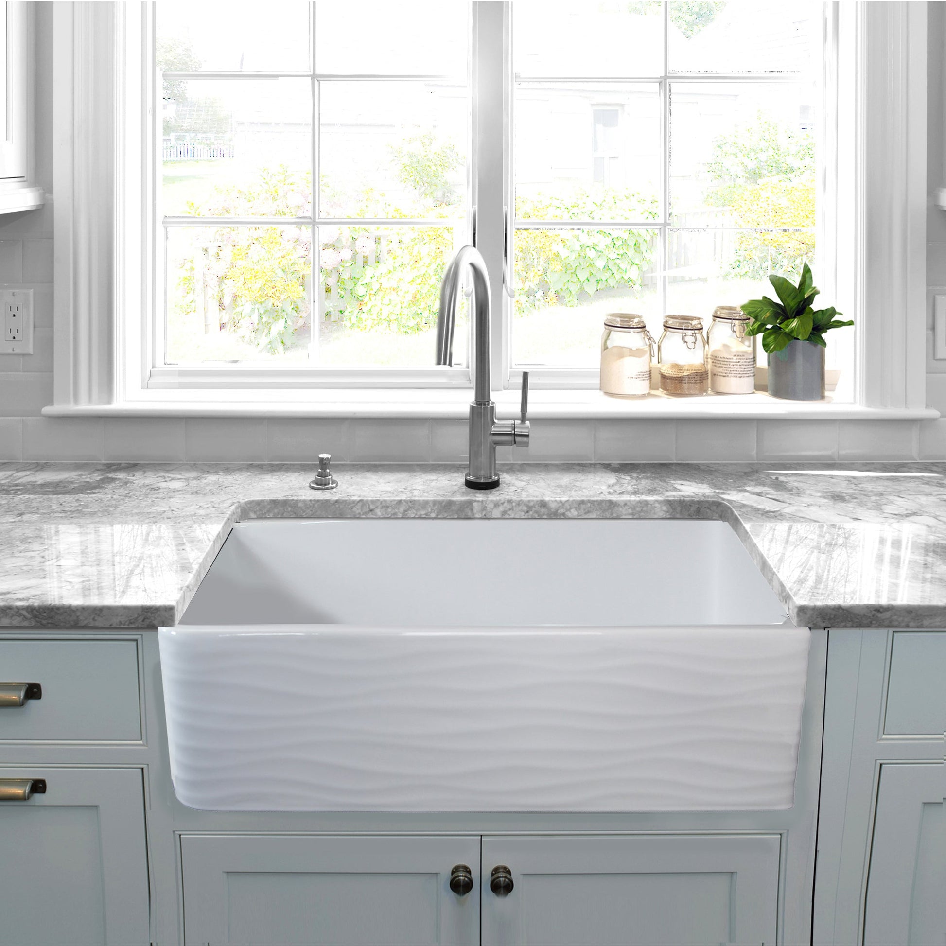 Nantucket Sinks Vineyard Collection 33" Rectangle Undermount Porcelain Enamel Glaze White Fireclay Single Bowl Farmhouse Kitchen Sink With Waves Apron