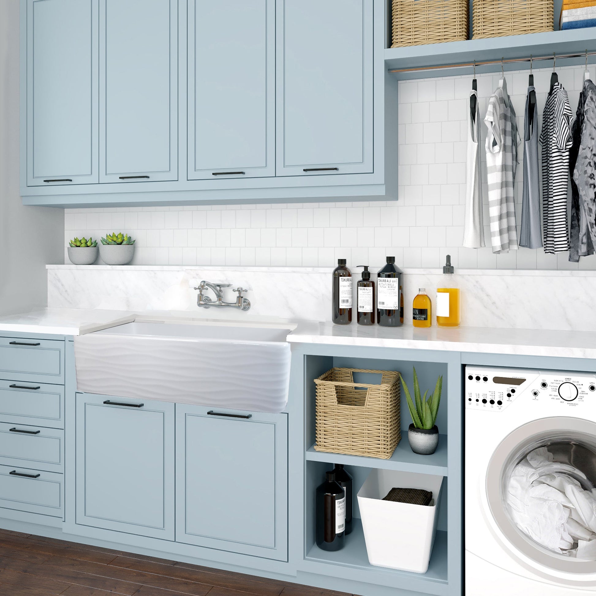 Nantucket Sinks Vineyard Collection 33" Rectangle Undermount Porcelain Enamel Glaze White Fireclay Single Bowl Farmhouse Kitchen Sink With Waves Apron