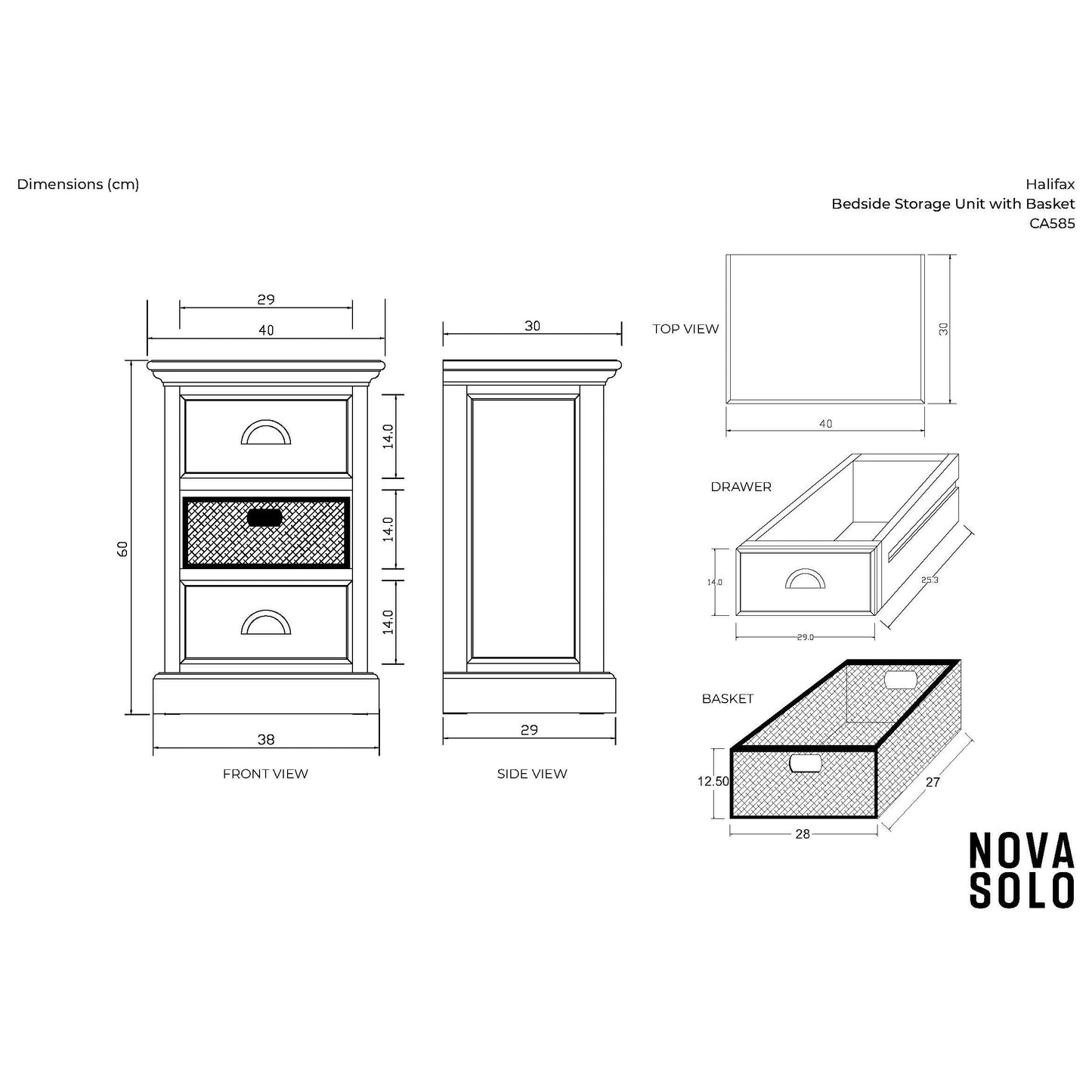 NovaSolo Halifax 16" Classic White Mahogany Mini Storage Unit With 2 Drawers & 1 Rattan Basket