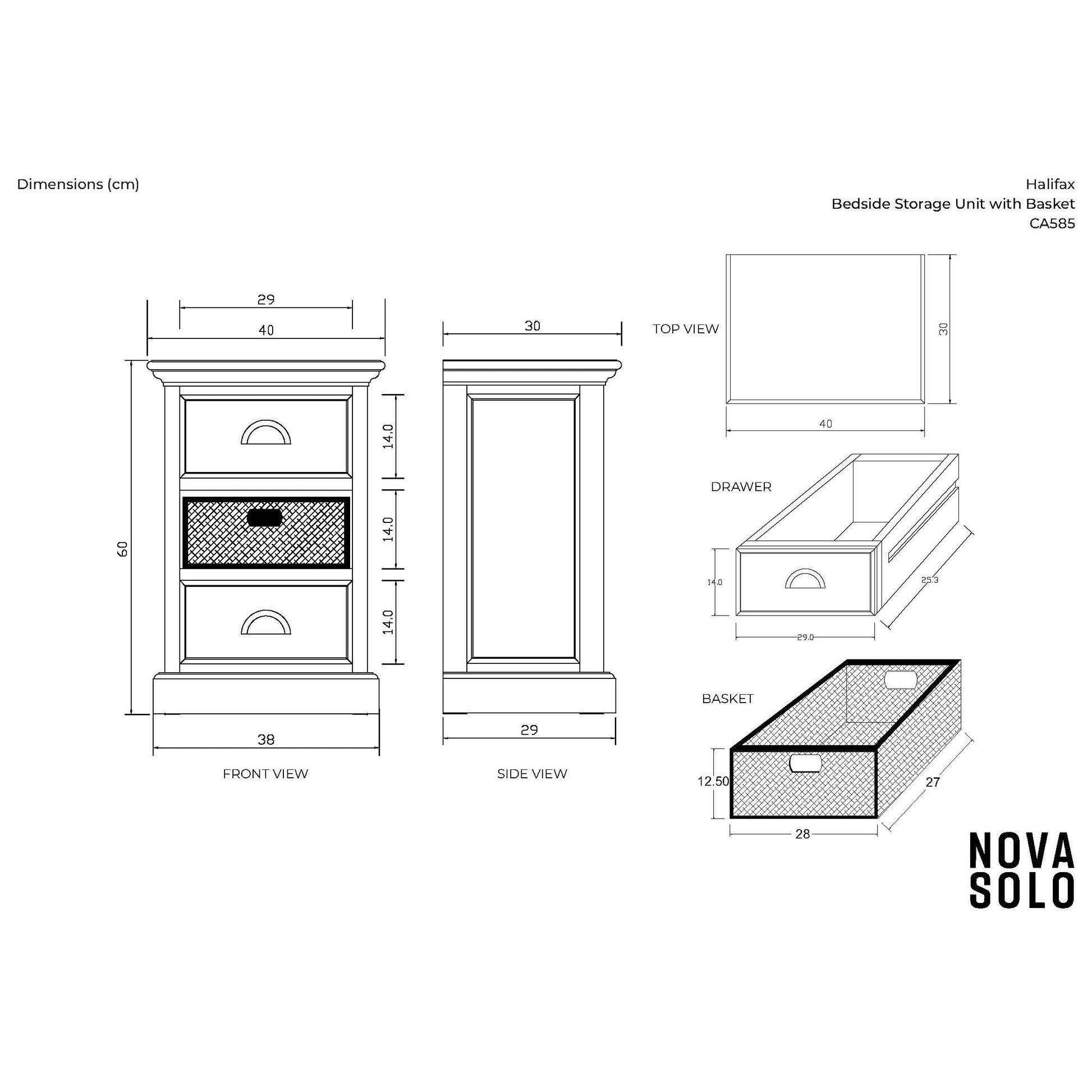 NovaSolo Halifax 16" Classic White Mahogany Mini Storage Unit With 2 Drawers & 1 Rattan Basket