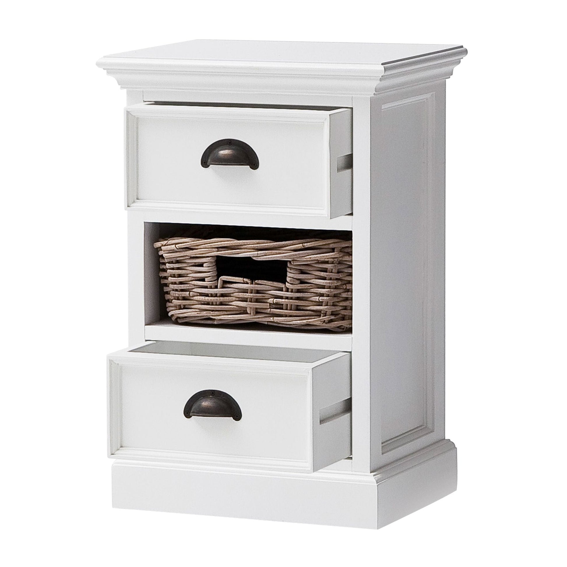 NovaSolo Halifax 16" Classic White Mahogany Mini Storage Unit With 2 Drawers & 1 Rattan Basket