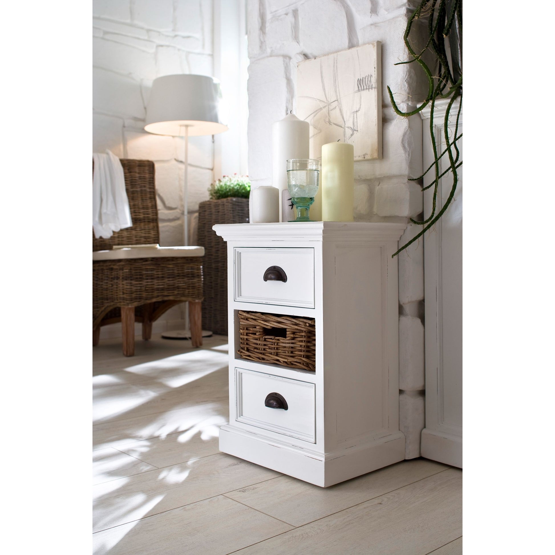 NovaSolo Halifax 16" Classic White Mahogany Mini Storage Unit With 2 Drawers & 1 Rattan Basket