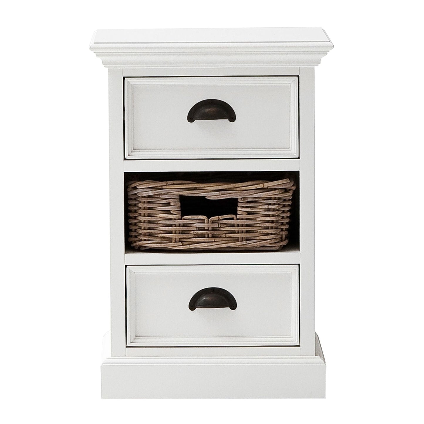 NovaSolo Halifax 16" Classic White Mahogany Mini Storage Unit With 2 Drawers & 1 Rattan Basket