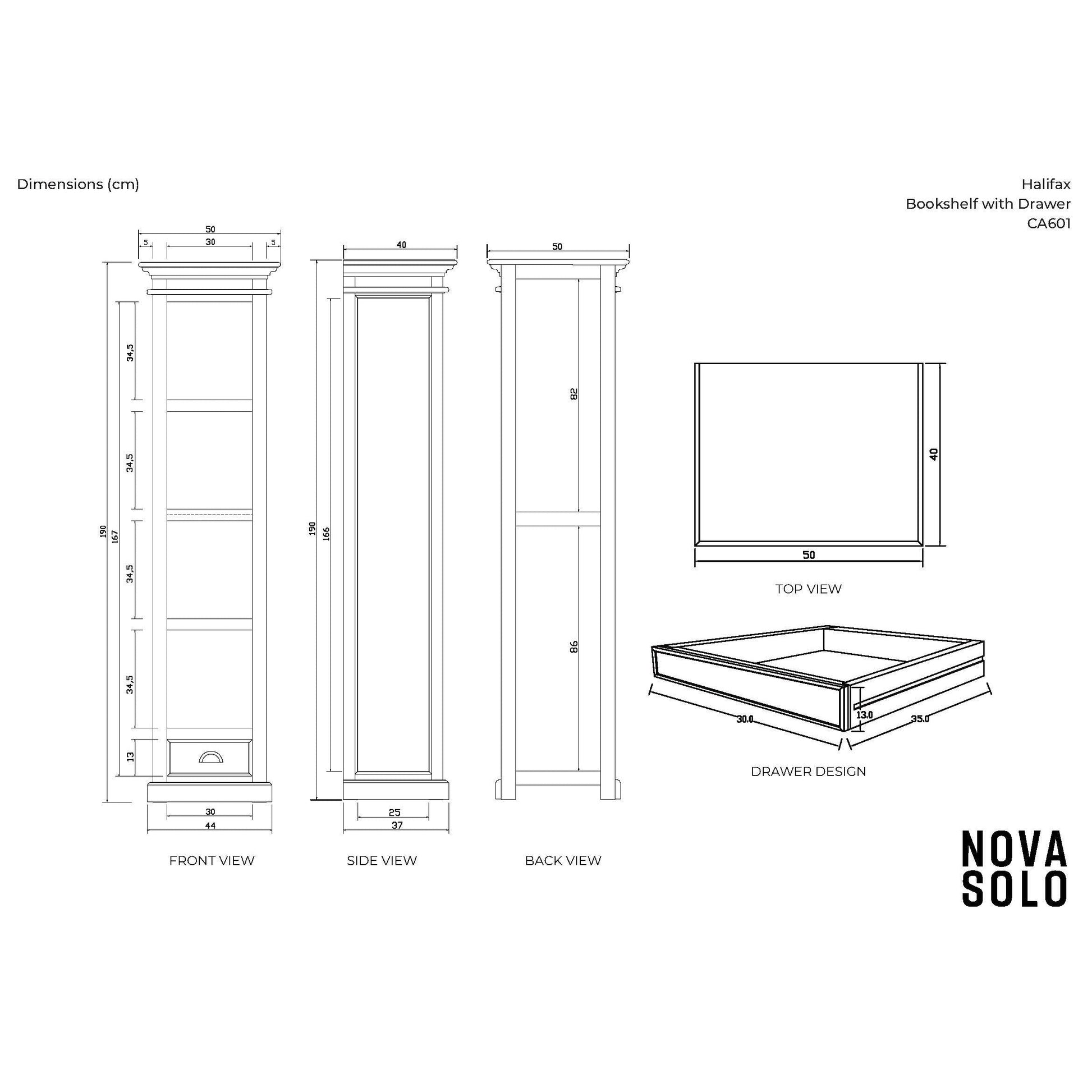 NovaSolo Halifax 20" Classic White Mahogany Bookshelf Cabinet With 4 Shelves & 1 Drawer