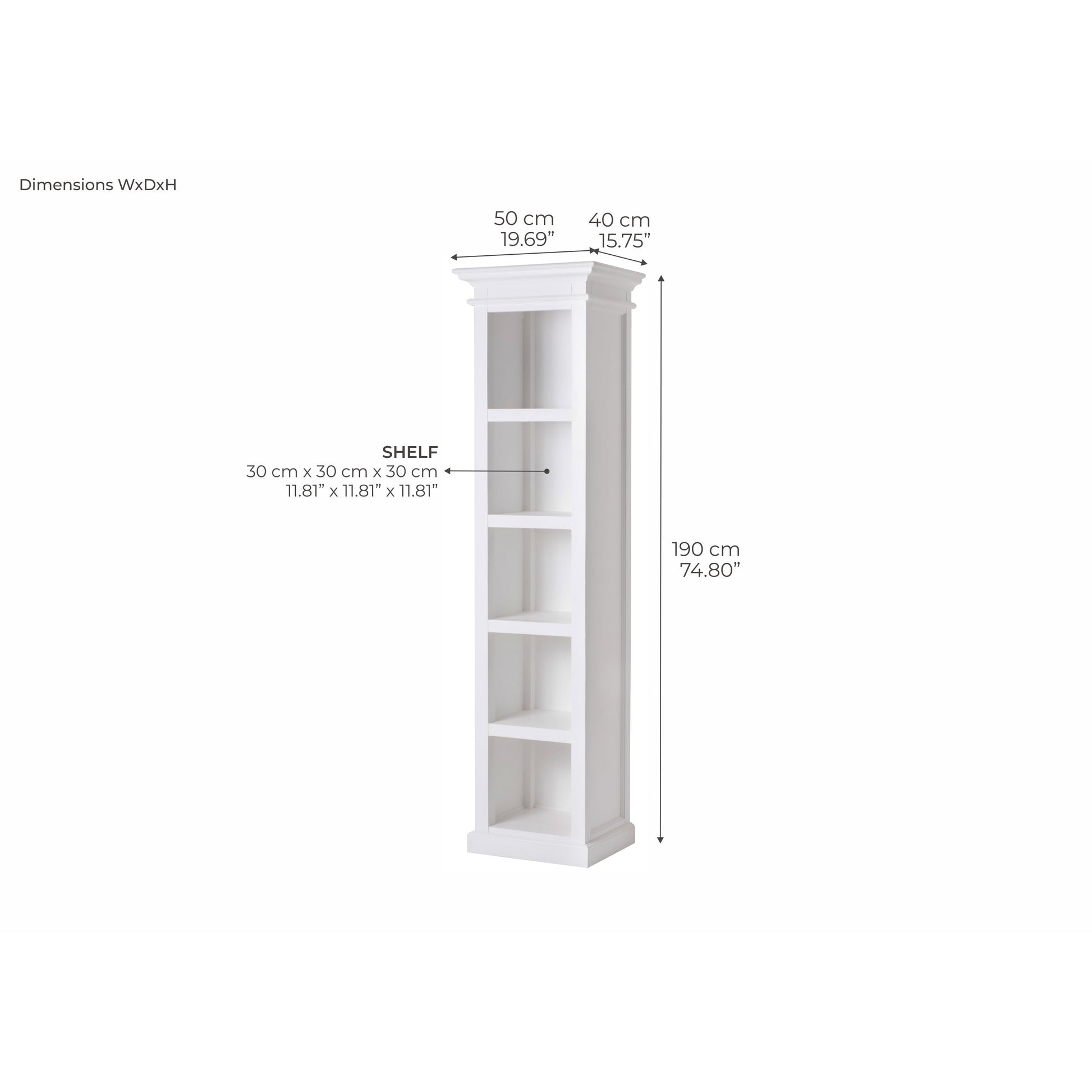 NovaSolo Halifax 20" Classic White Mahogany Bookshelf Cabinet With 5 Shelves