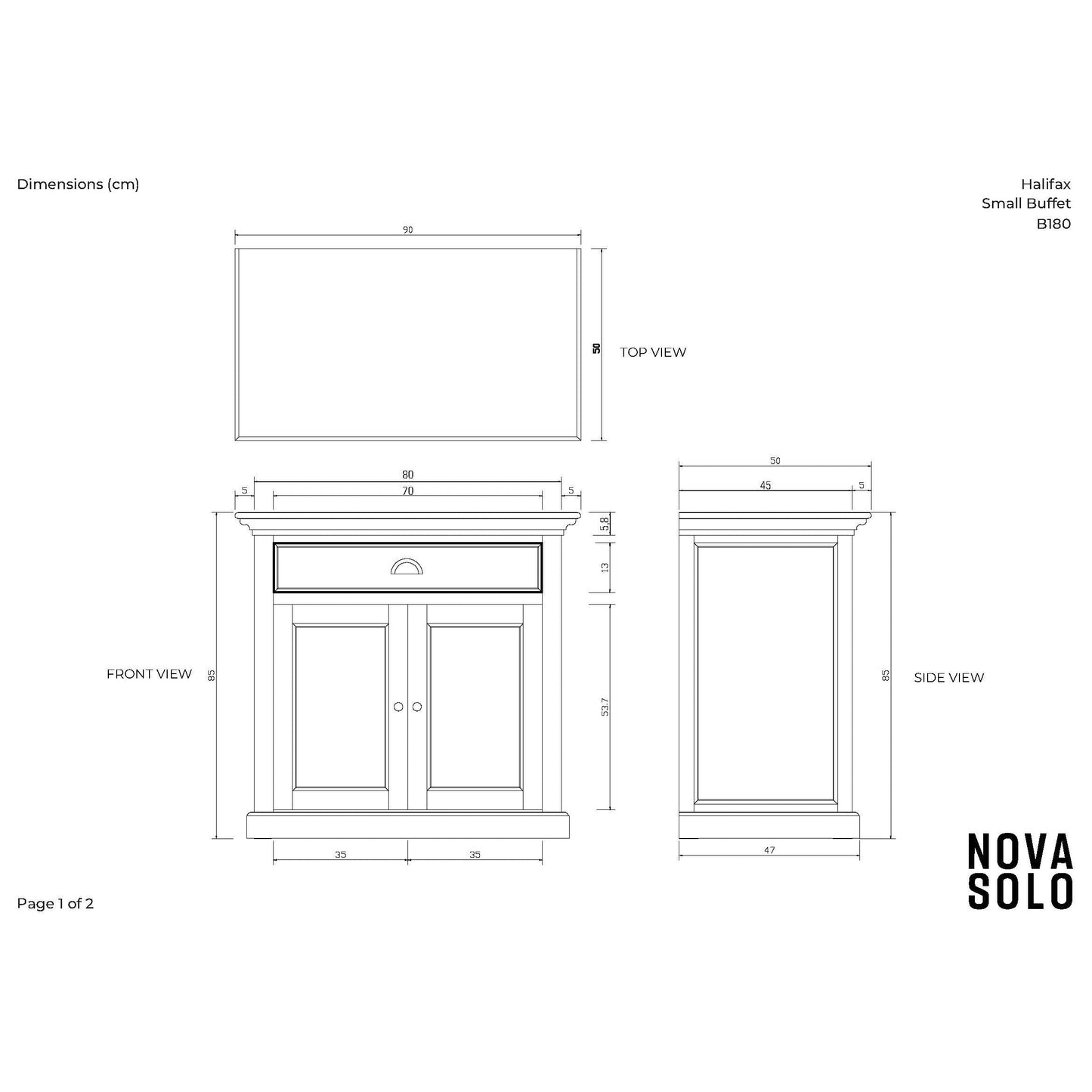 NovaSolo Halifax 35" Classic White Mahogany Buffet With 2 Doors & 1 Drawer