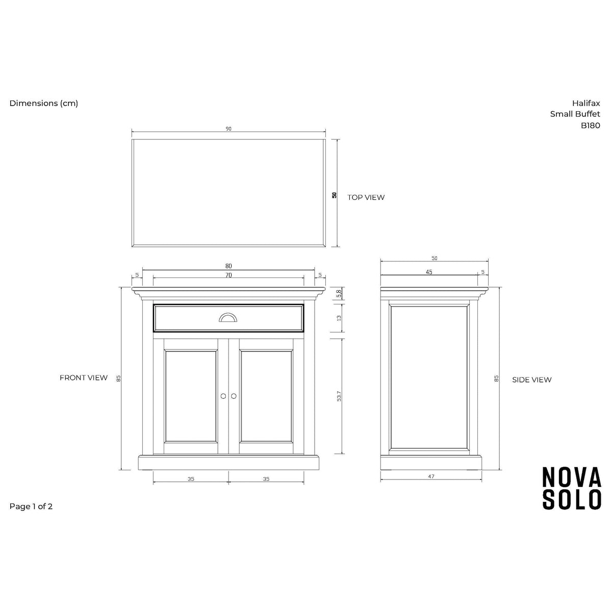 NovaSolo Halifax 35" Classic White Mahogany Buffet With 2 Doors & 1 Drawer