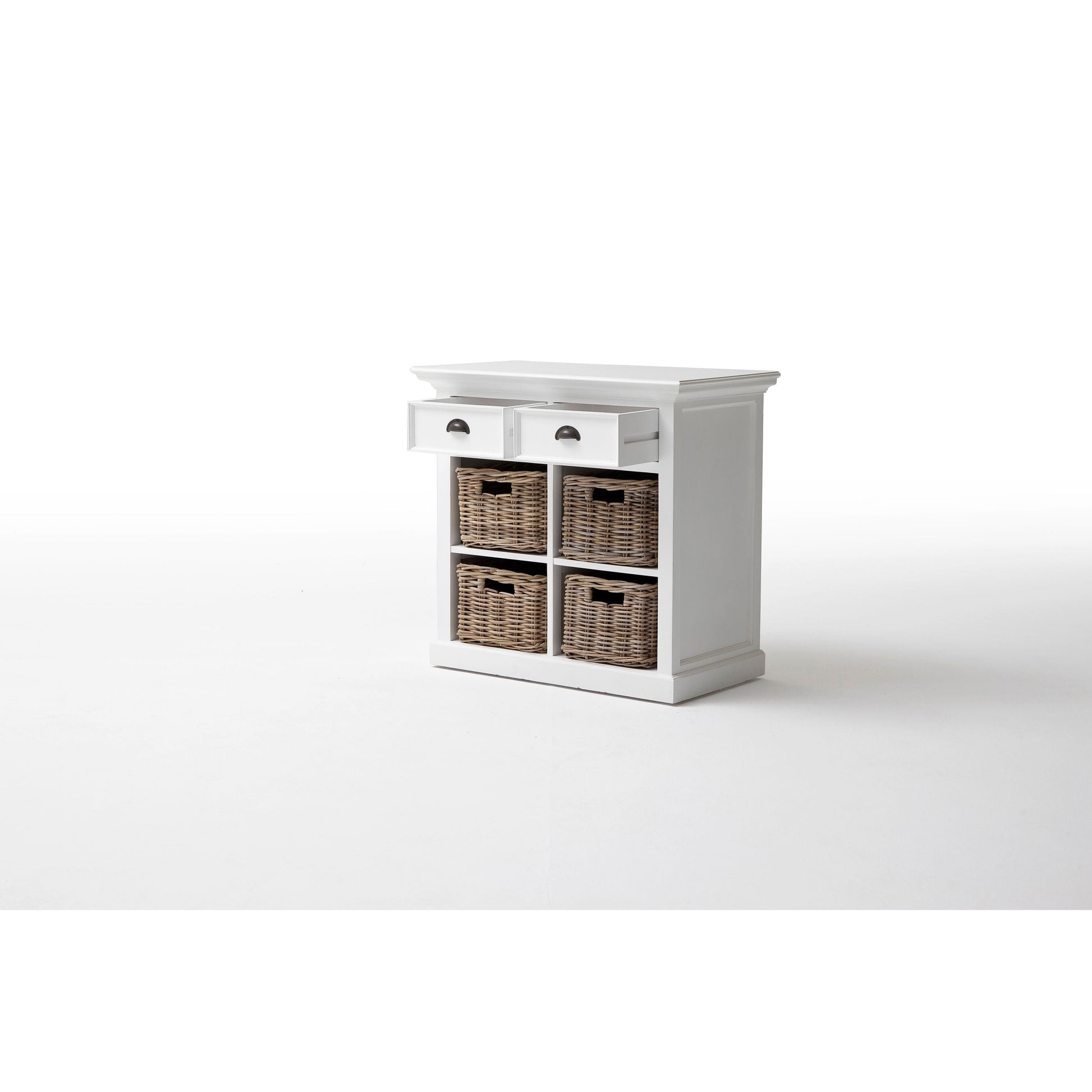 NovaSolo Halifax 35" Classic White Mahogany Buffet With 2 Drawers & 4 Rattan Baskets