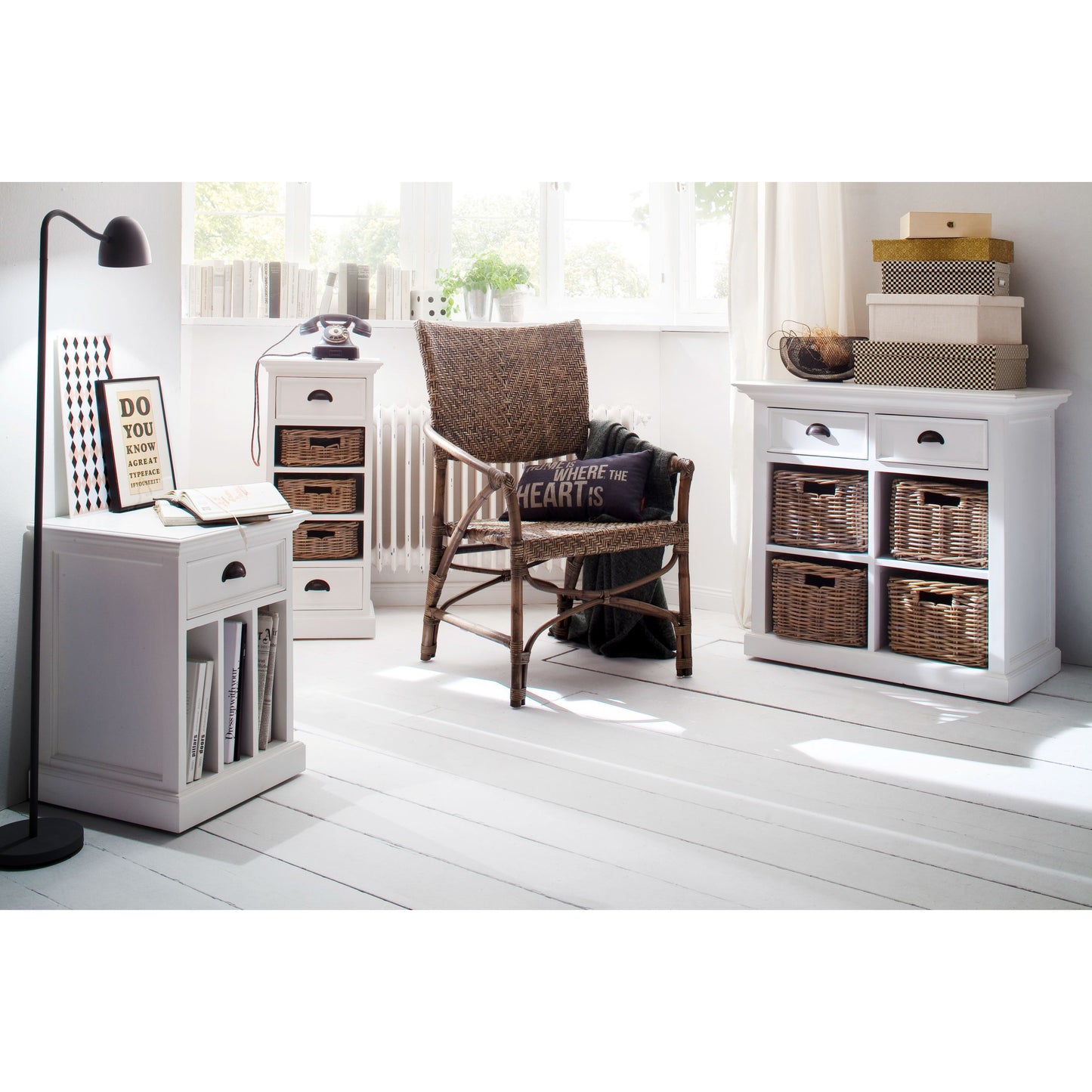 NovaSolo Halifax 35" Classic White Mahogany Buffet With 2 Drawers & 4 Rattan Baskets