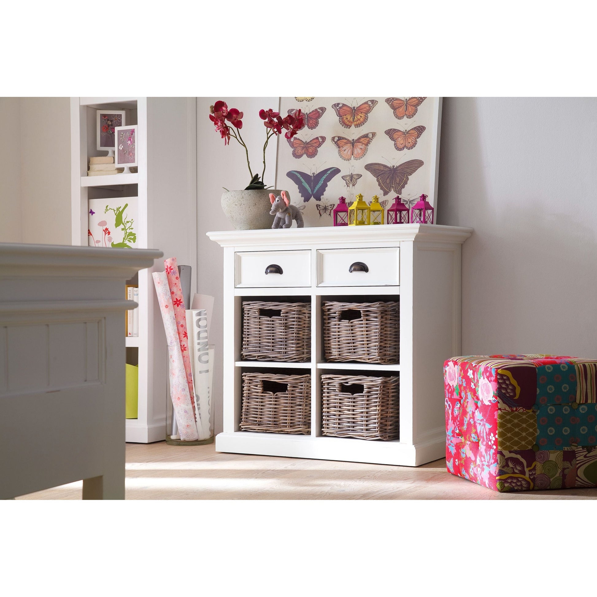 NovaSolo Halifax 35" Classic White Mahogany Buffet With 2 Drawers & 4 Rattan Baskets