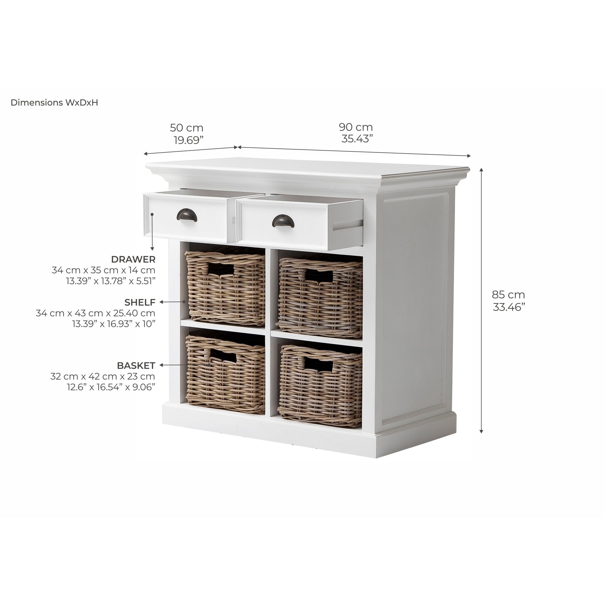 NovaSolo Halifax 35" Classic White Mahogany Buffet With 2 Drawers & 4 Rattan Baskets