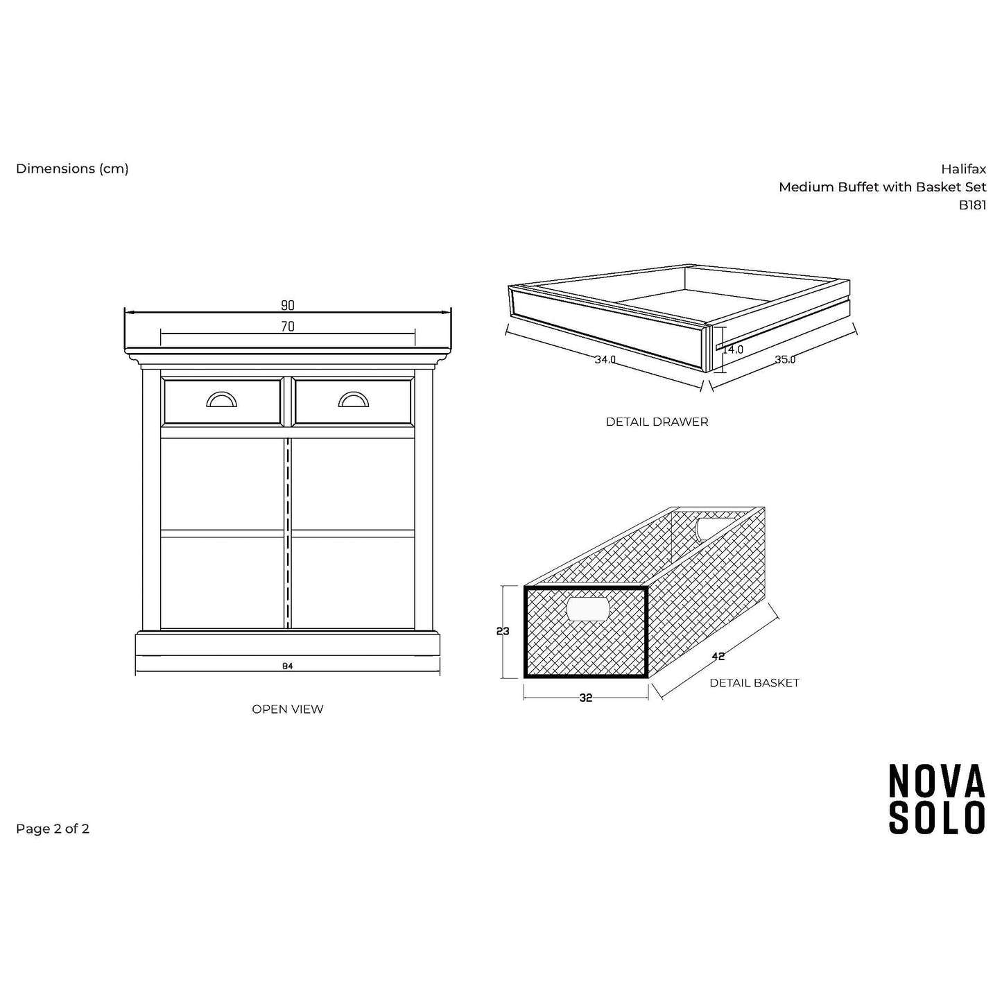 NovaSolo Halifax 35" Classic White Mahogany Buffet With 2 Drawers & 4 Rattan Baskets