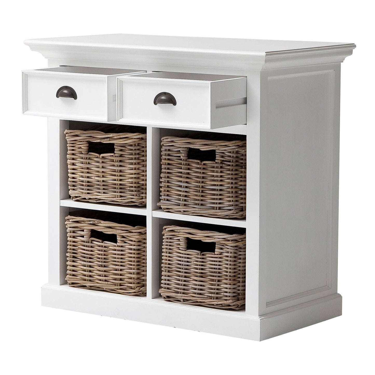 NovaSolo Halifax 35" Classic White Mahogany Buffet With 2 Drawers & 4 Rattan Baskets