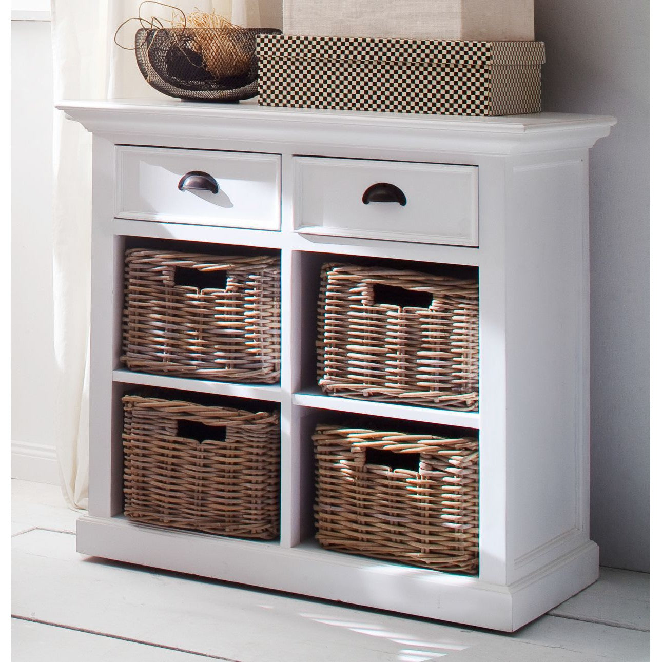 NovaSolo Halifax 35" Classic White Mahogany Buffet With 2 Drawers & 4 Rattan Baskets