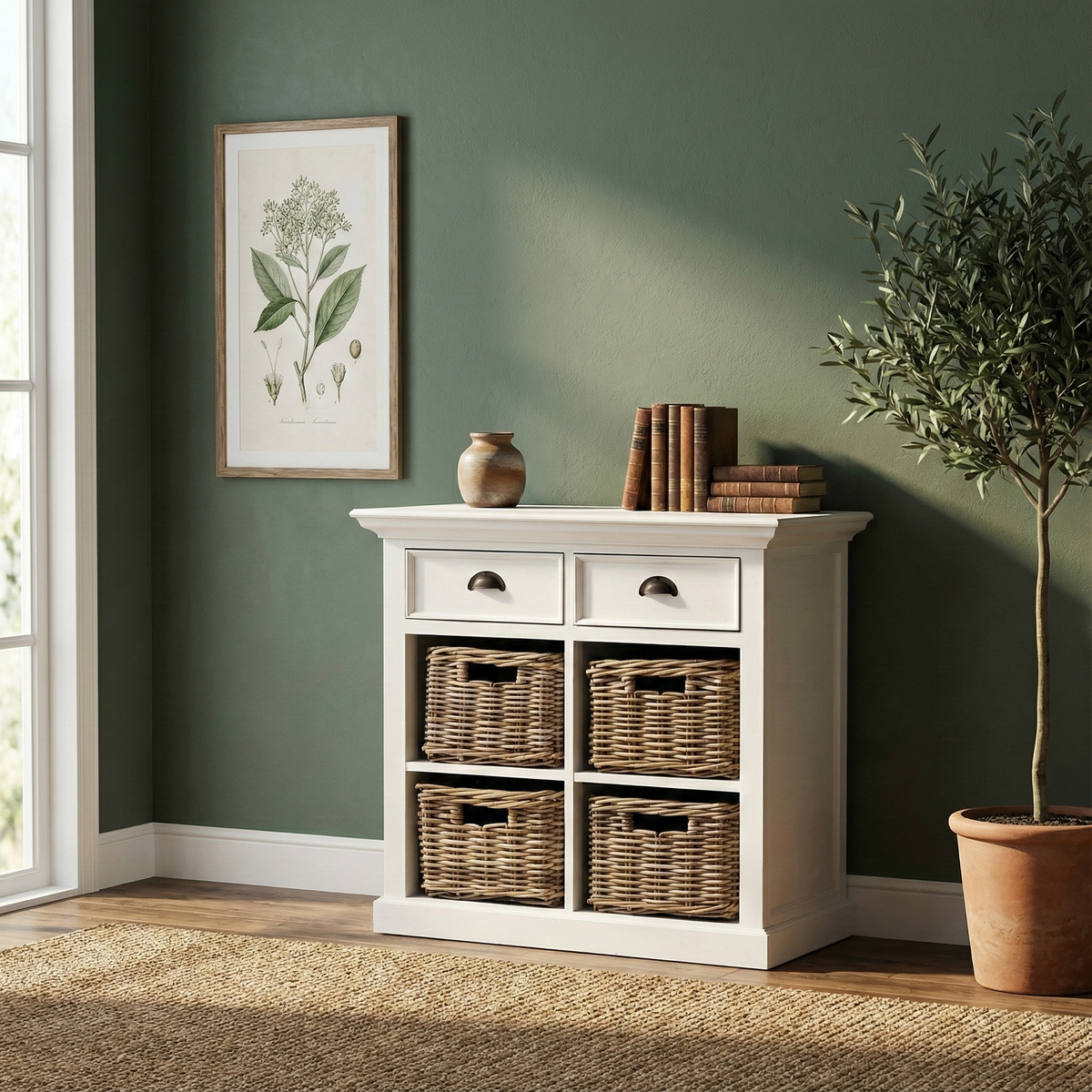 NovaSolo Halifax 35" Classic White Mahogany Buffet With 2 Drawers & 4 Rattan Baskets