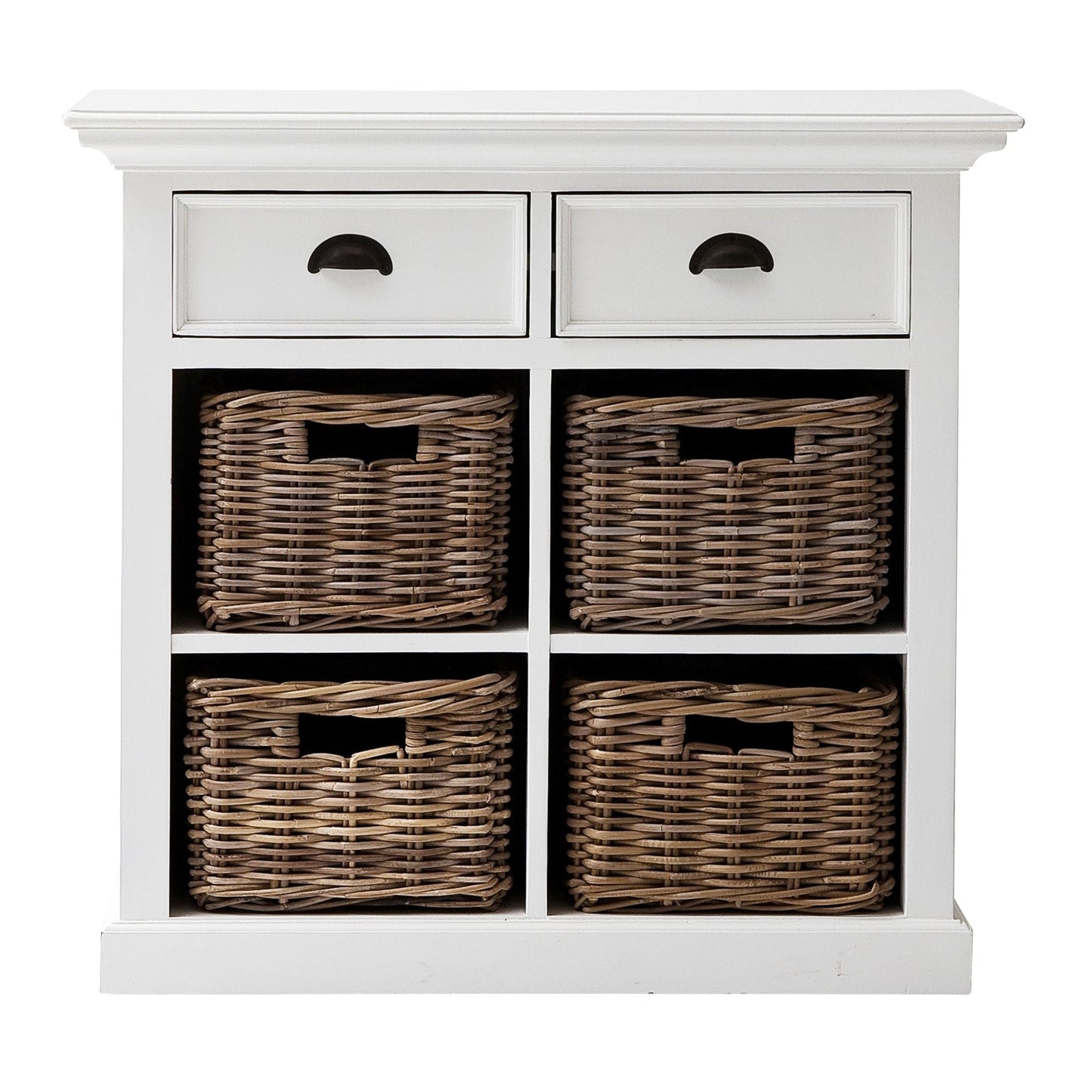 NovaSolo Halifax 35" Classic White Mahogany Buffet With 2 Drawers & 4 Rattan Baskets