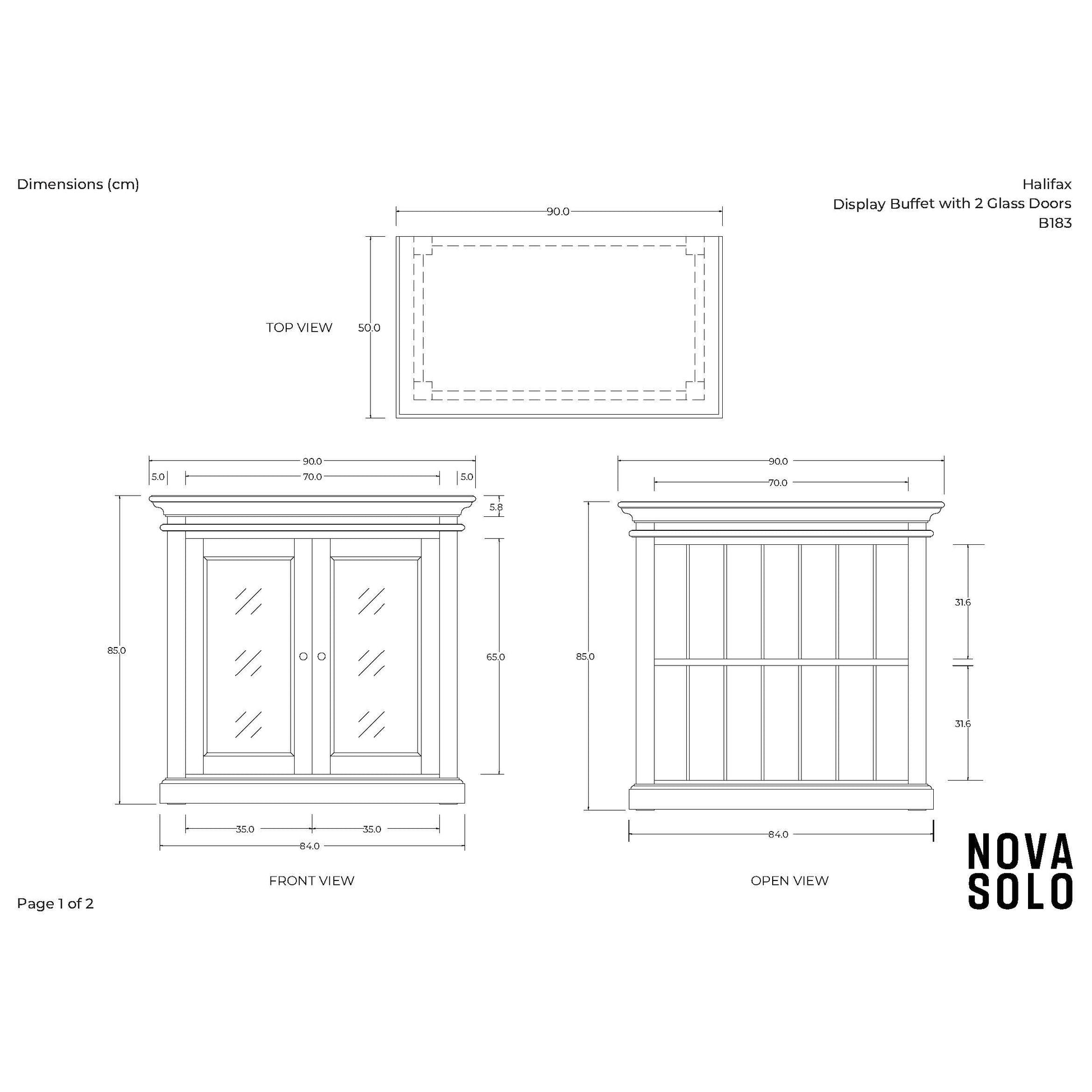 NovaSolo Halifax 35" Classic White Mahogany Display Buffet With 2 Glass Doors