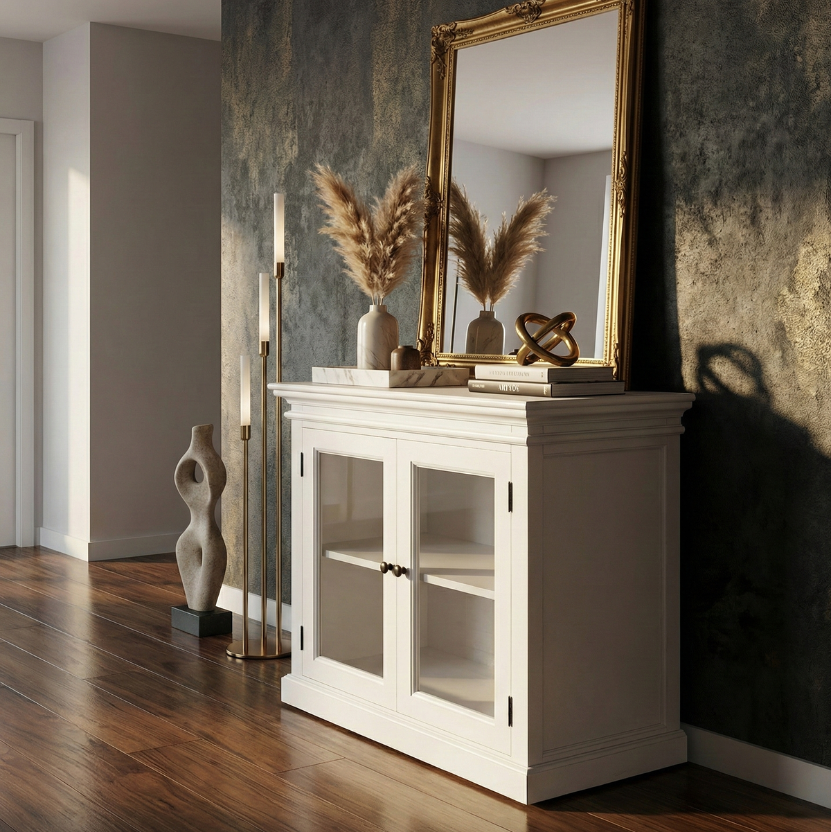 NovaSolo Halifax 35" Classic White Mahogany Display Buffet With 2 Glass Doors