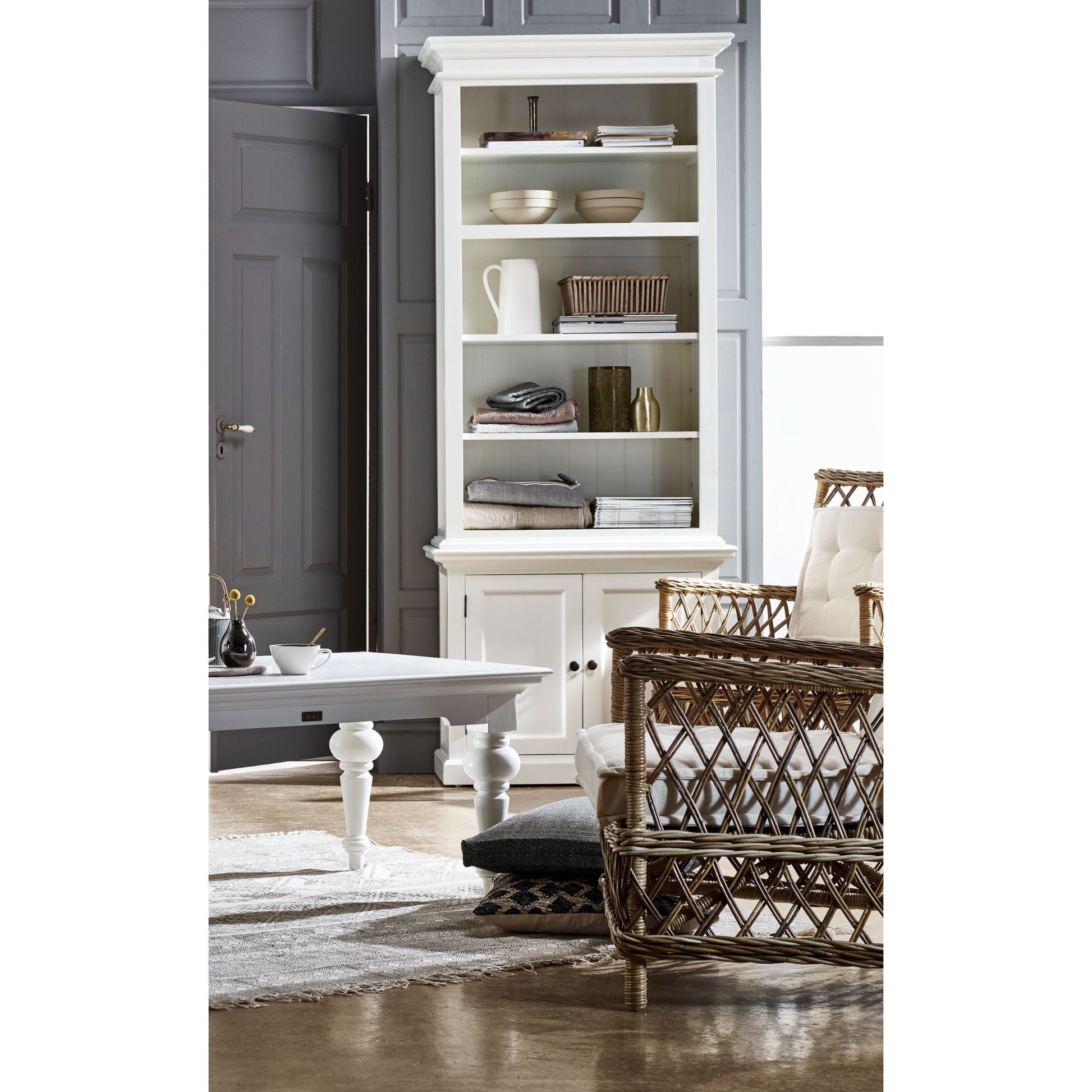 NovaSolo Halifax 35" Classic White Mahogany Single-Bay Hutch Cabinet With 2 Doors & 5 Shelves