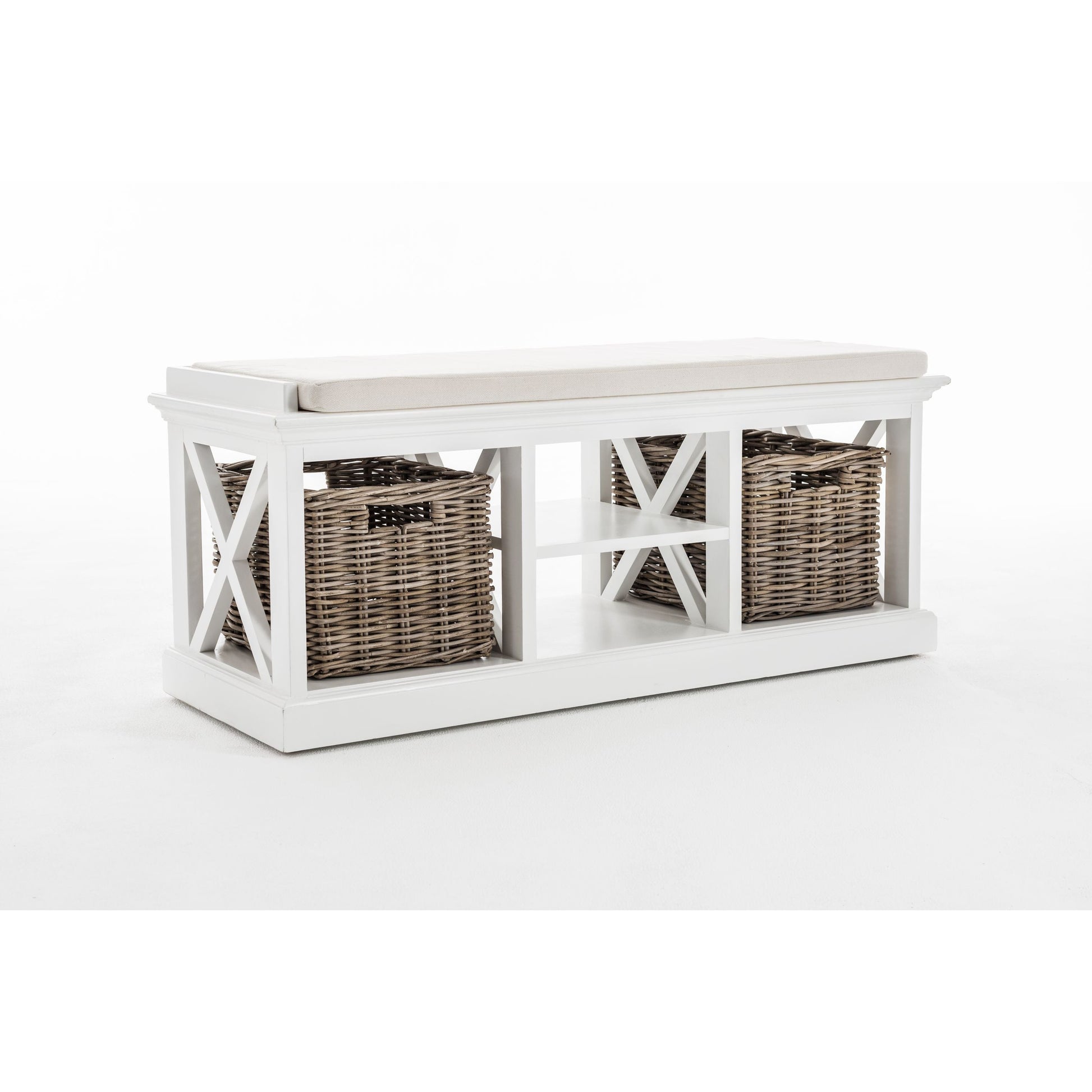 NovaSolo Halifax 47" Classic White Mahogany Bench With 2 Rattan Baskets